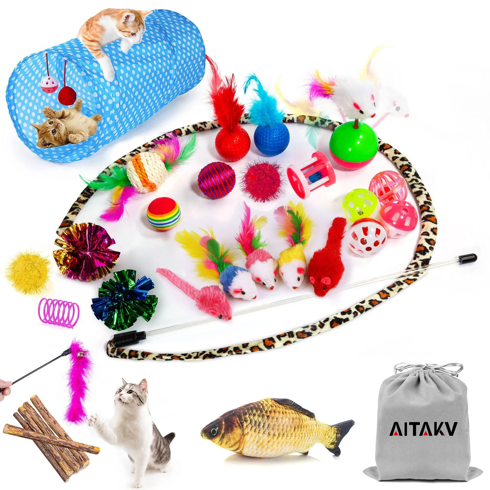 31 PCS Cat Toys Kitten Toys Assortments,Variety Catnip Toy Set Including 2 Way Tunnel,Cat Feather Teaser,Catnip Fish,Mice,Colorful Balls and Bells for Cat,Puppy,Kitty - AILUKI