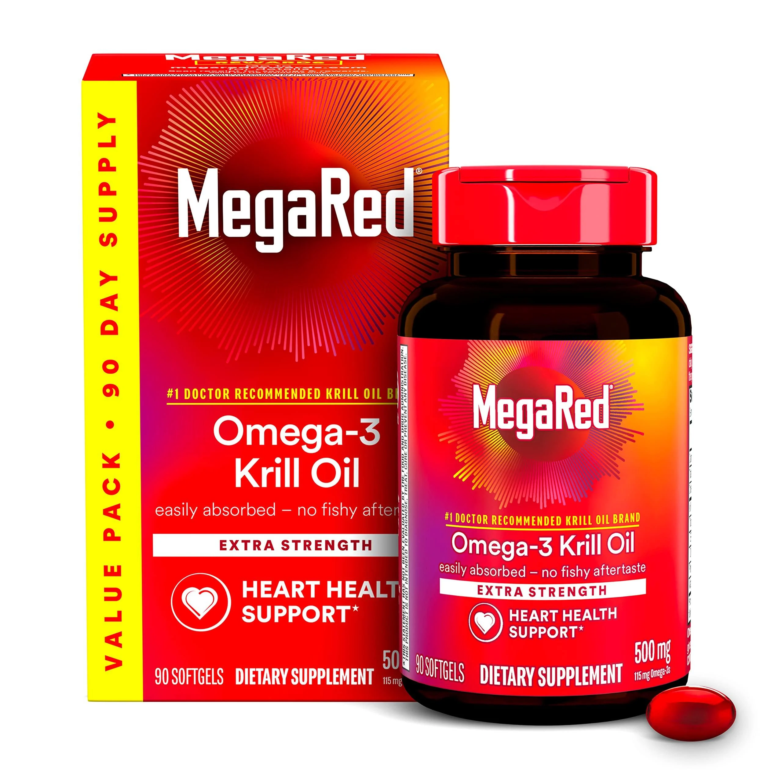 Antarctic Krill Oil 500mg Omega 3 Fatty Acid Supplement, MegaRed Extra Strength EPA & DHA Softgels (90cnt box), Antioxidant Astaxanthin, Heart Health Supplement With No Fish Oil Aftertaste 500mg 90ct