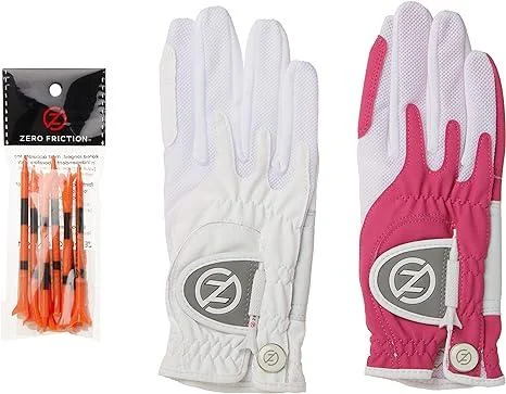 Zero Friction Ladies Compression-Fit Synthetic Golf Glove 2 Pack Includes free tee pack Universal-Fit - White-Pink