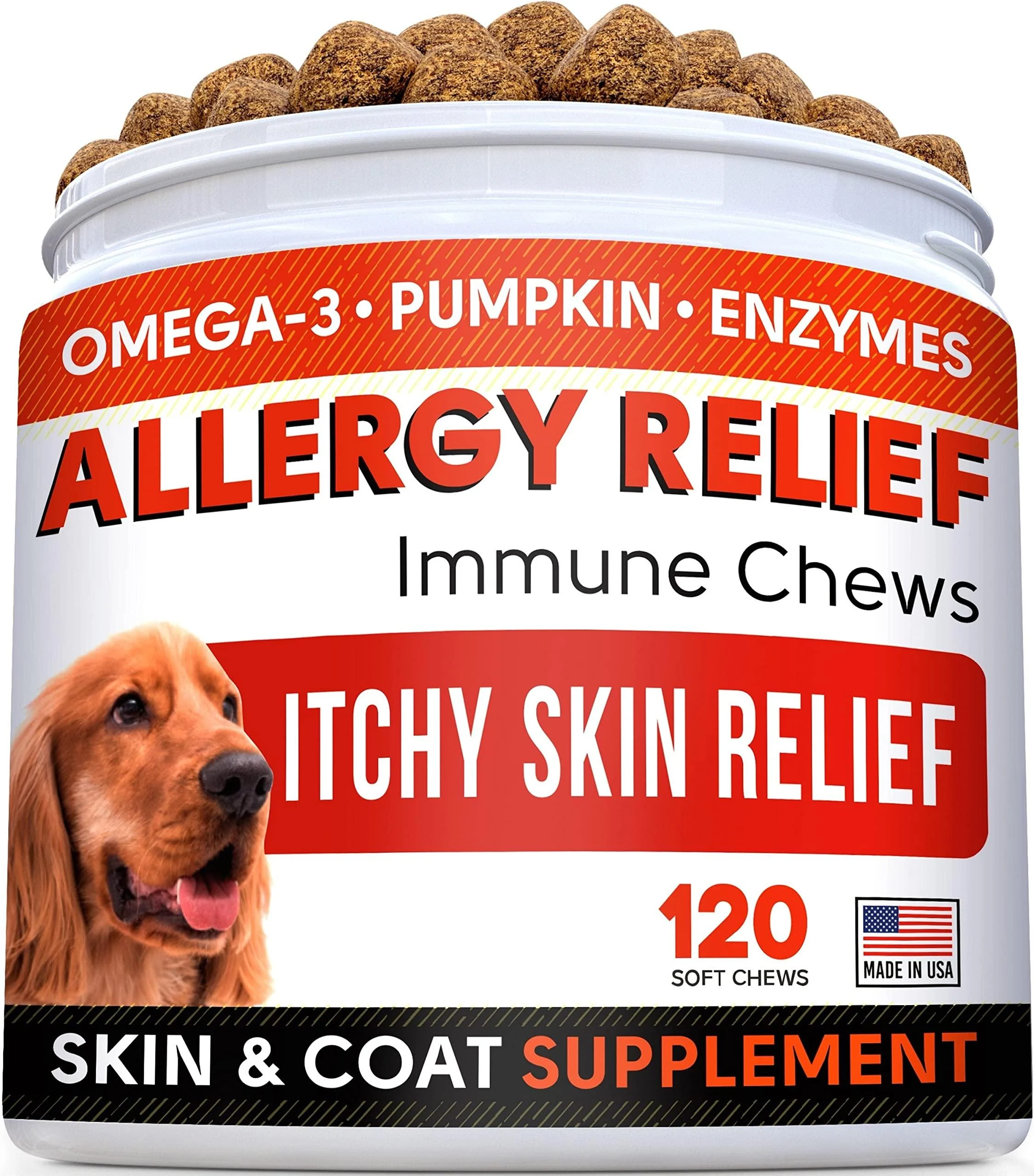 STRELLALAB Allergy Relief Dog Treats w/Omega 3 + Pumpkin + Enzymes + Turmeric - Itchy Skin Relief - Immune & Digestive Supplement - Skin & Coat Health - Anti-Itch & Hot Spots -Made in USA Chicken 120 Count (Pack of 1)
