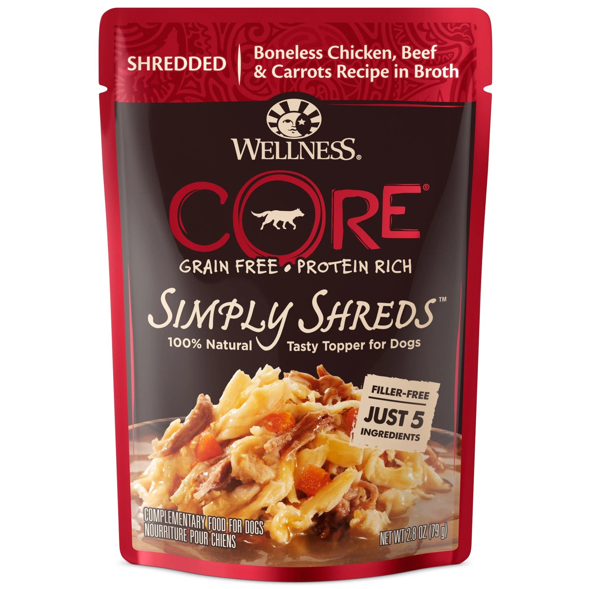 Wellness CORE Simply Shreds Dog Food Mixer or Topper, Grain-Free, Made with Natural Ingredients, 2.8 Ounce Mess-Free Pouches Beef 12 Pack