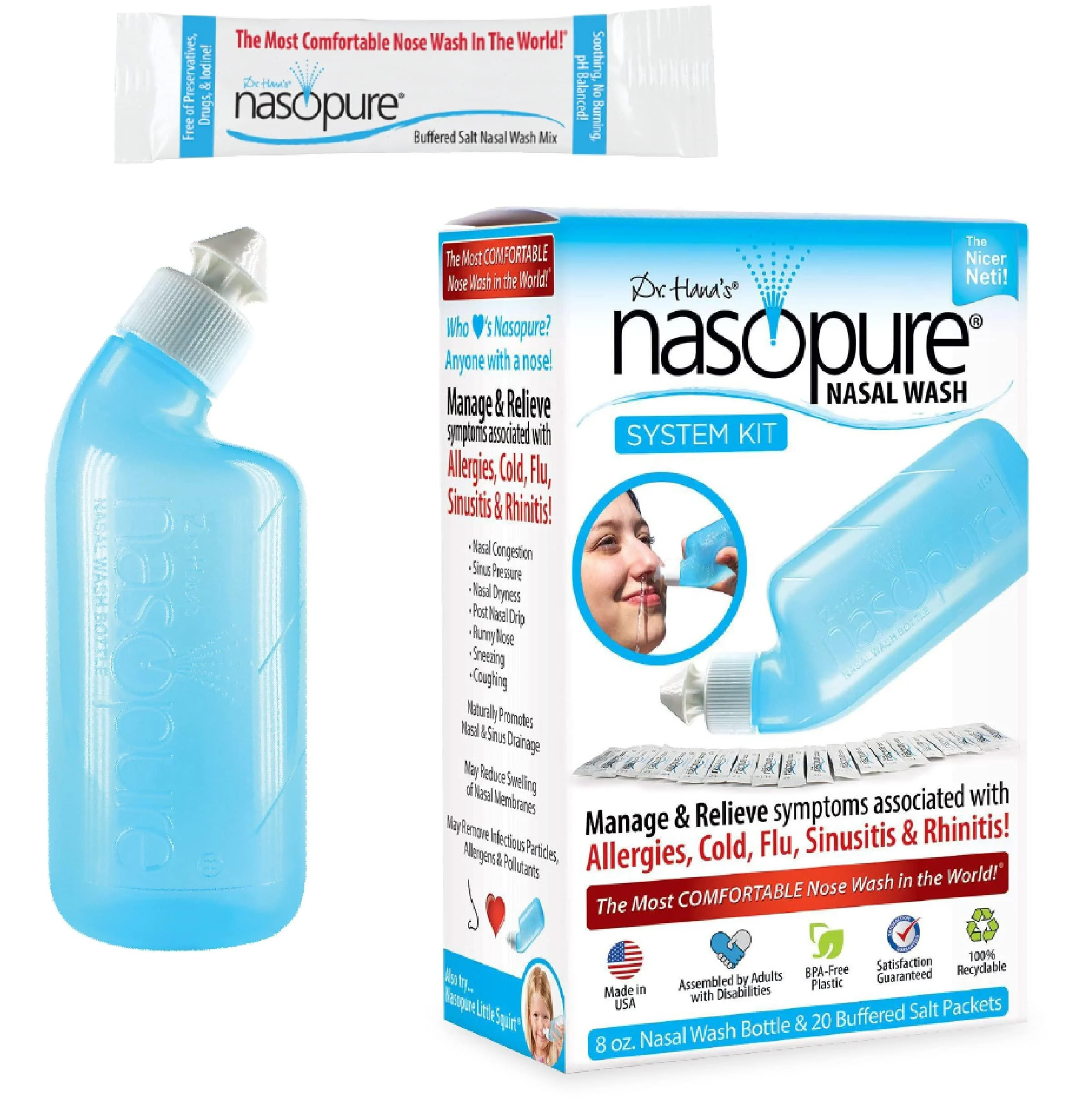 Nasopure Nasal Wash, System Kit, “The Nicer Neti Pot” Sinus Wash Kit, Comfortable Nasal Rinse 8 Oz Bottle & 20 Salt Packets (3.75 Grams Each), Nasal Congestion, Cold, Flu, Allergy, Nasal Irrigation - DR HANA'S NASOPURE