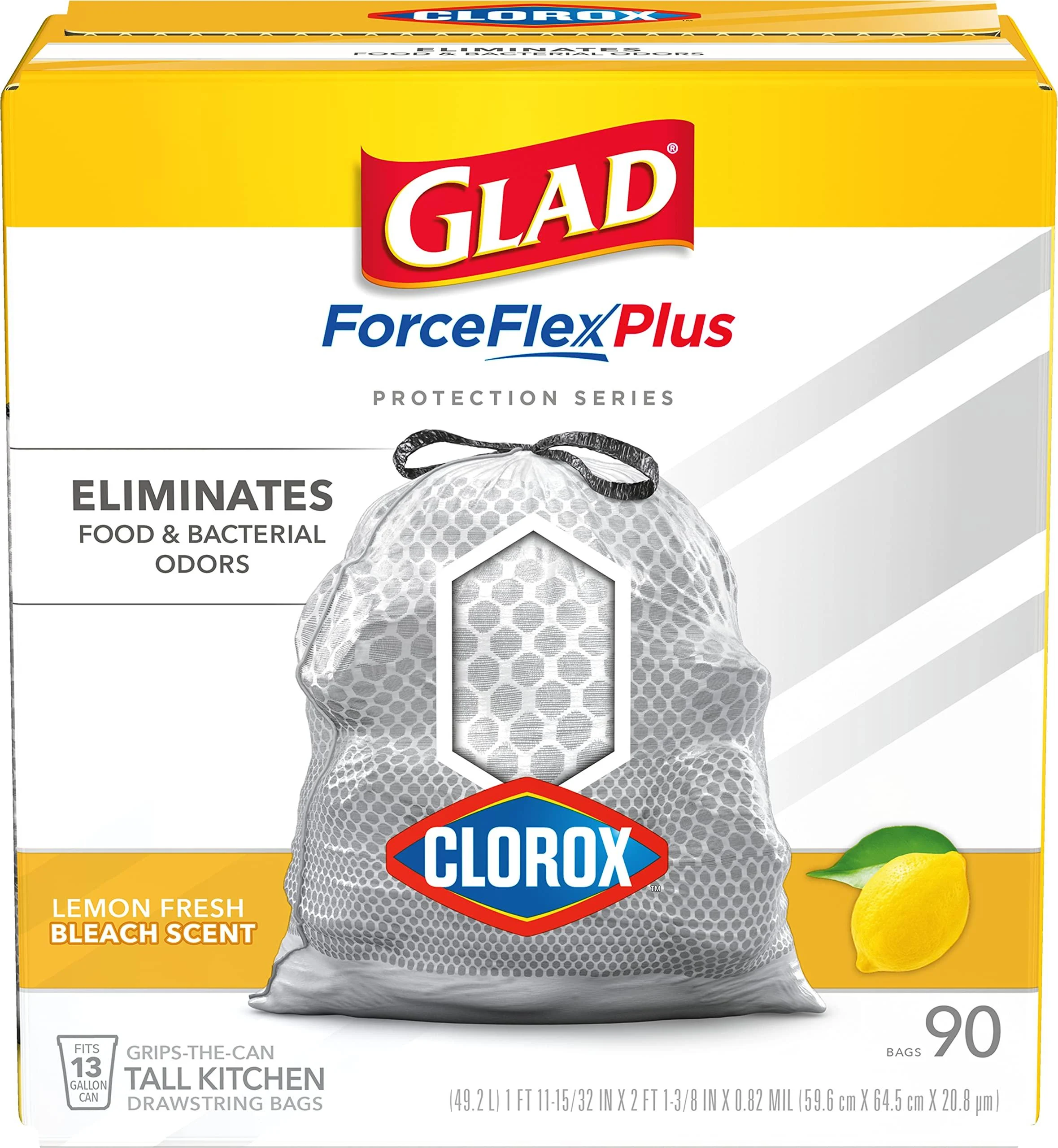 Glad Protection Series ForceFlex Plus Drawstring Lemon Fresh Bleach Odor Shield with Clorox 13 Gallon 90ct