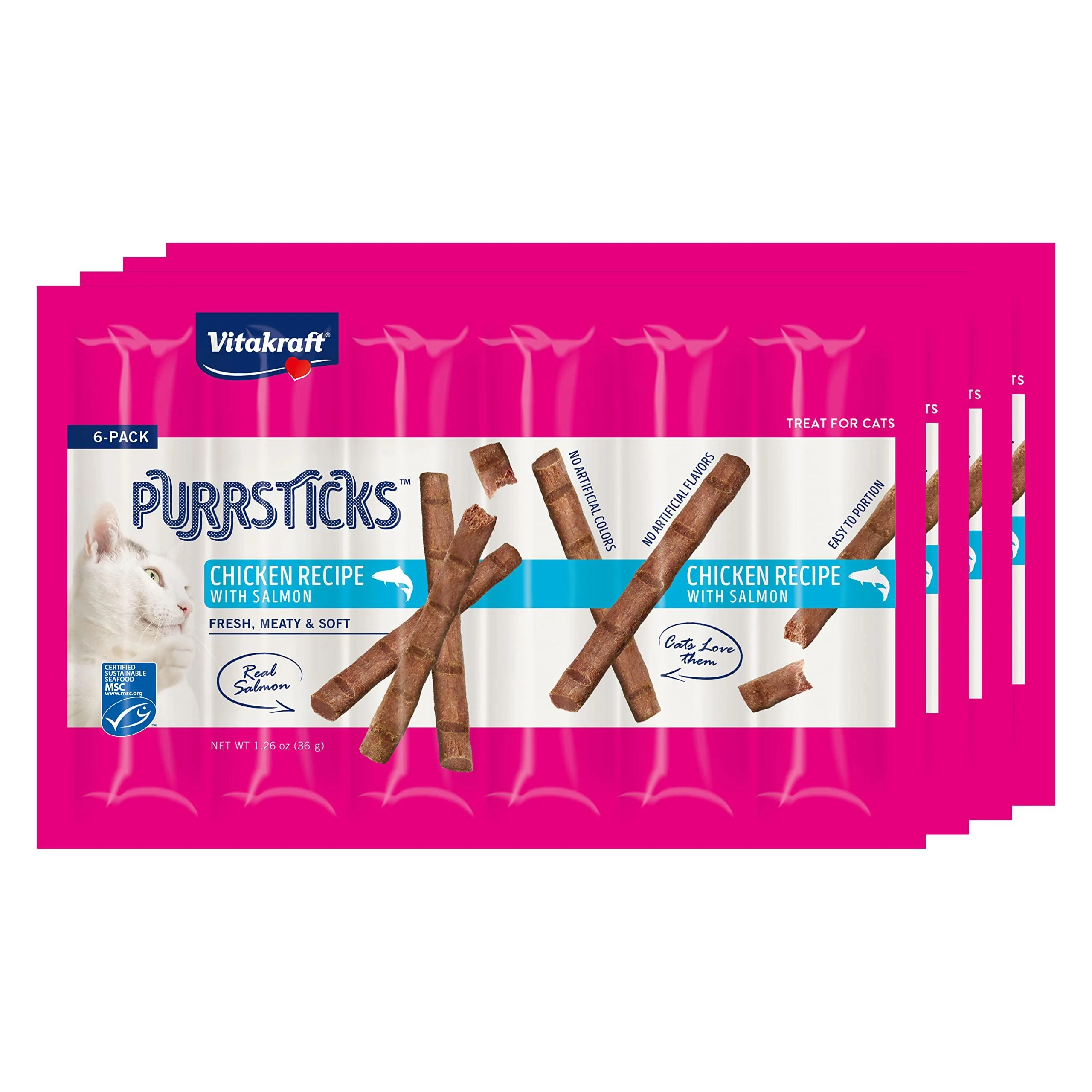 Vitakraft PurrSticks Meaty Cat Sticks - Segmented and Breakable Meatstick - Deliciously Tender Chicken with Salmon, 24-Pack