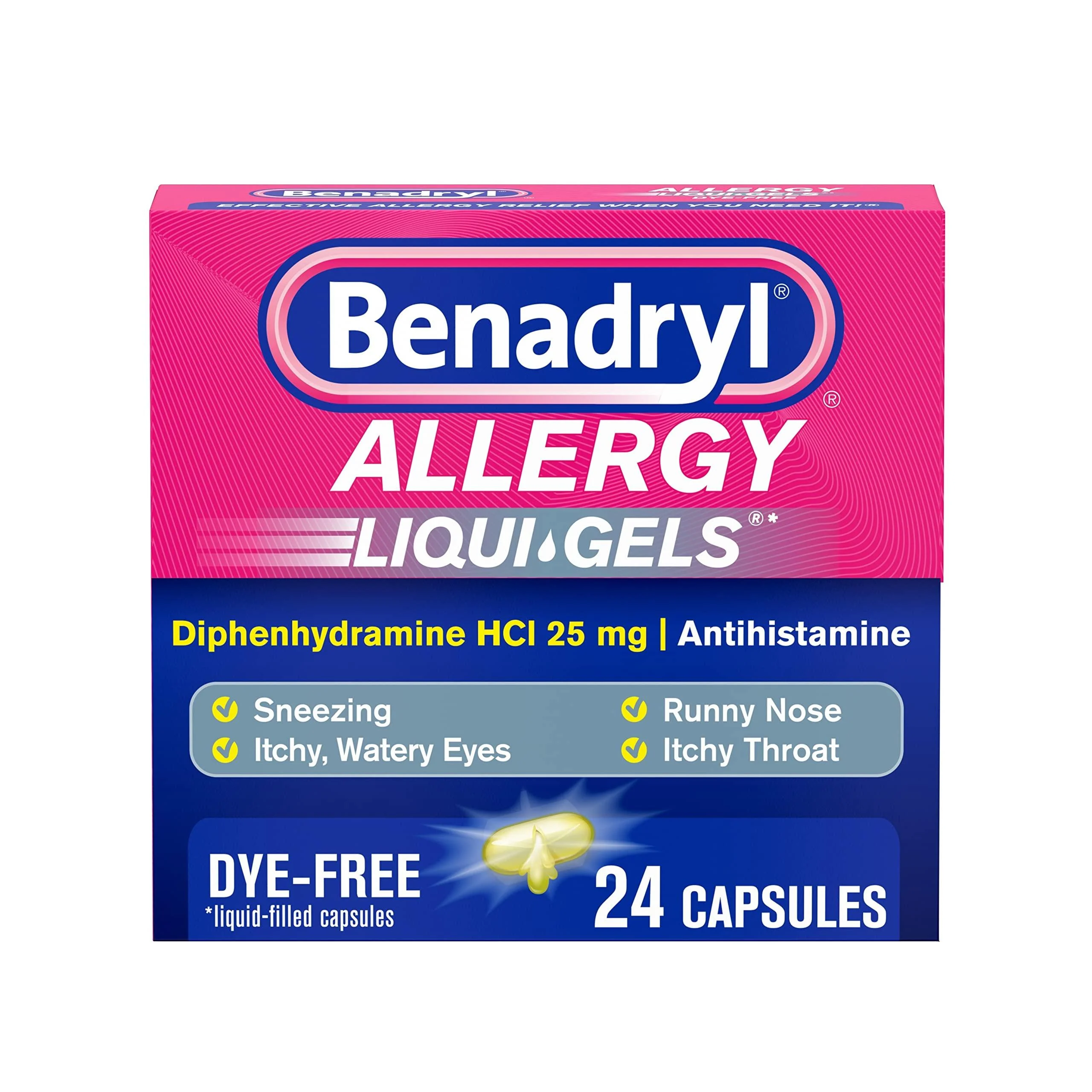 Benadryl Liqui-Gels Antihistamine Allergy Medicine & Cold Relief, Dye Free, 24 ct