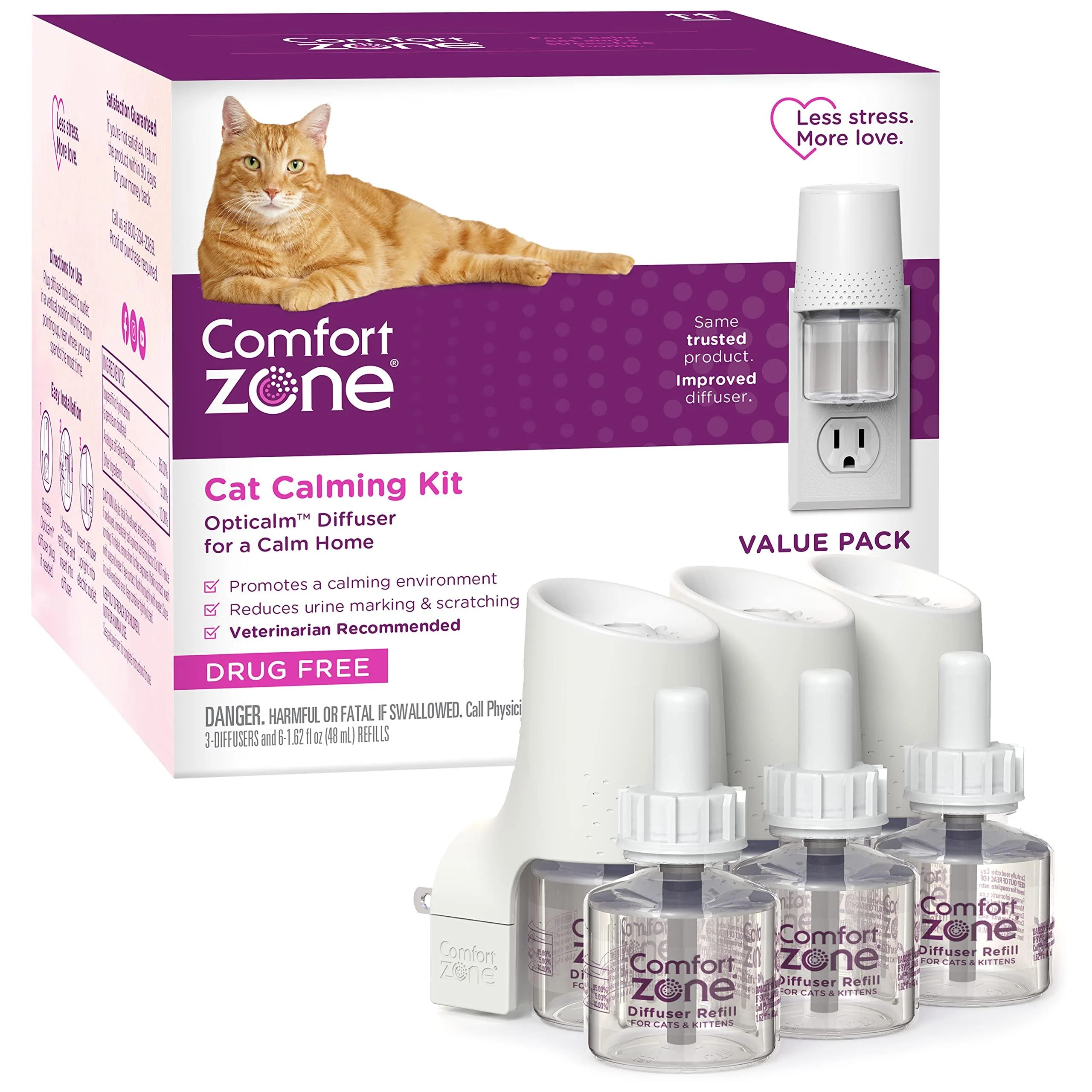3 Diffusers Plus 6 Refills | Comfort Zone Cat Calming Diffuser Kit (Value Pack) for a Calm Home | Veterinarian Recommended | Reduce Spraying, Scratching, & Other Problematic Behaviors
