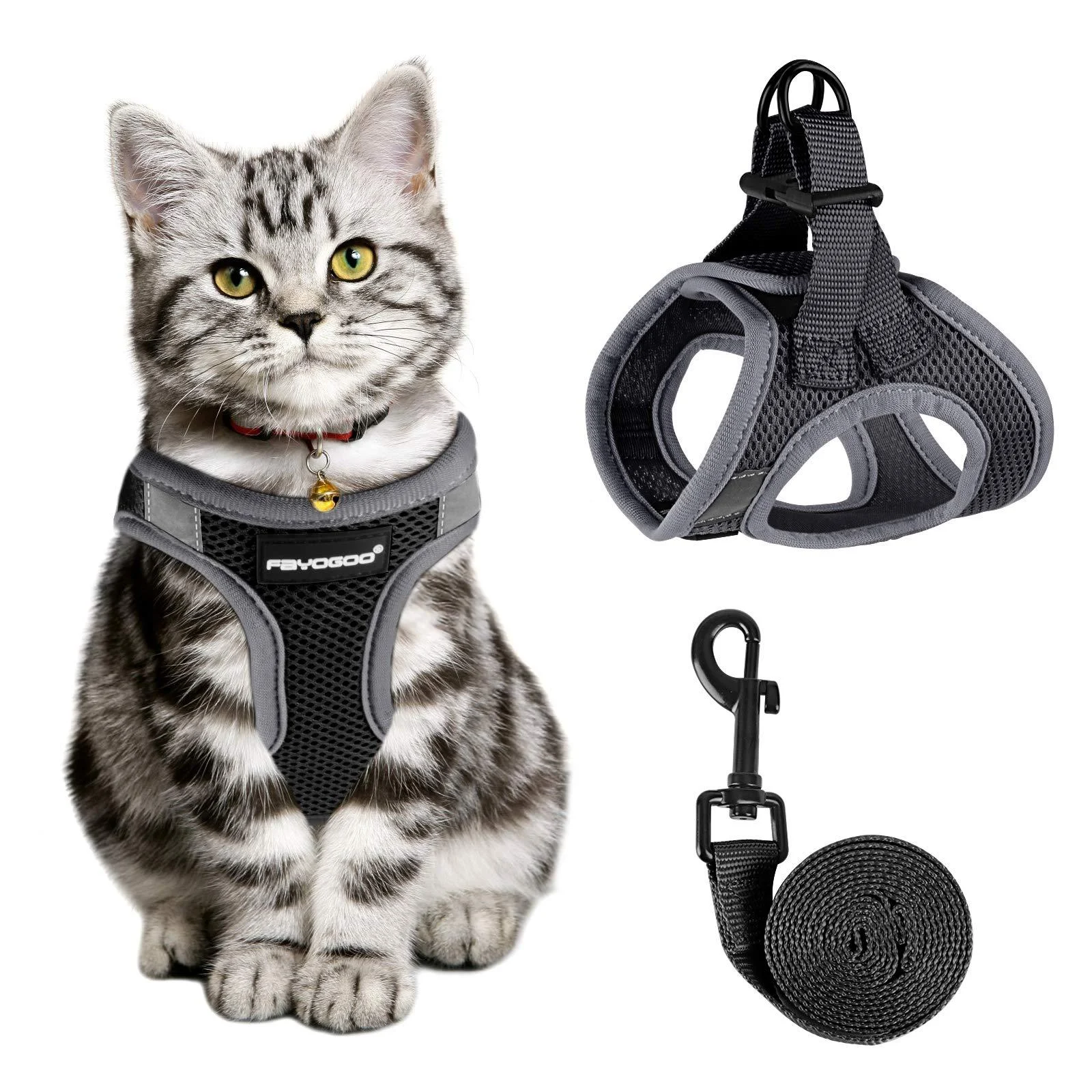 Cat Harness and Leash for Walking Escape Proof, Adjustable Cat Leash and Harness Set, Lifetime Replacement, Lightweight Kitten Harness, Easy Control Breathable Cat Vest with Reflective Strip Large (fit cats 11-16lbs) Black