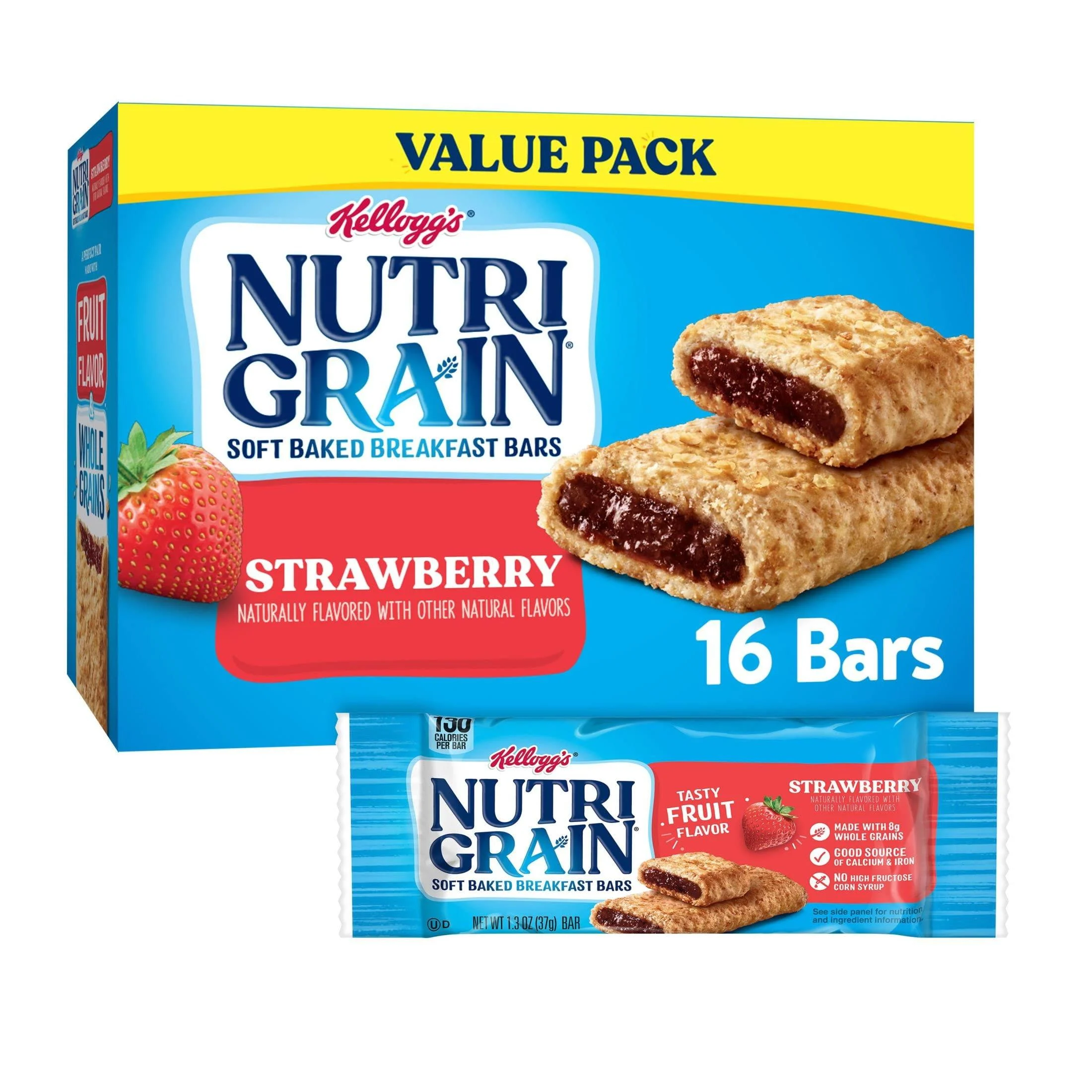 Nutri-Grain Soft Baked Breakfast Bars, Made with Whole Grains, Kids Snacks, Value Pack, Strawberry, 20.8oz Box (16 Bars)