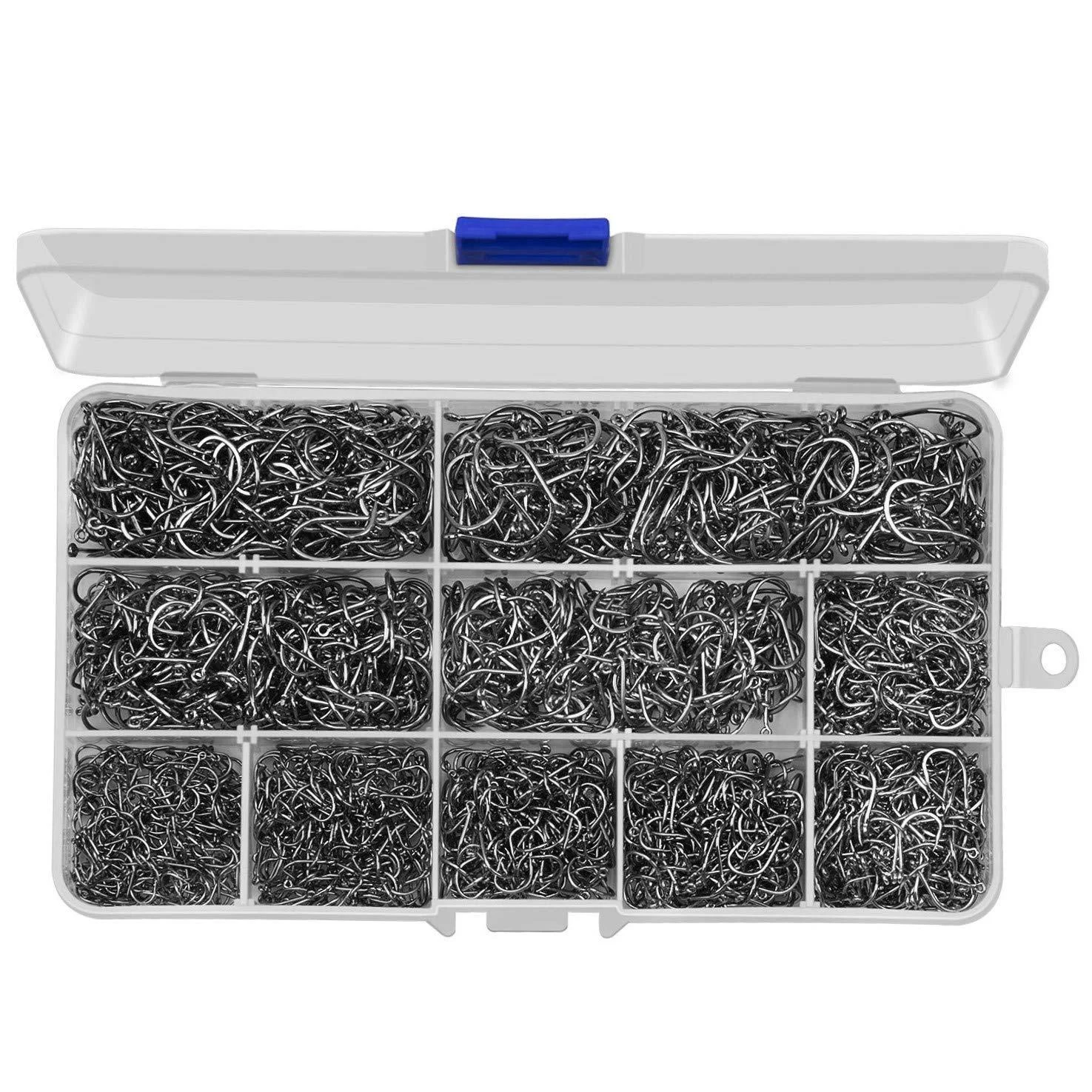 HETH 2000pcs Fishing Worm Hooks High Carbon Steel Wide Gap Offset Fishing Hook Set for Saltwater and Freshwater with 10 Sizes - Anmuka
