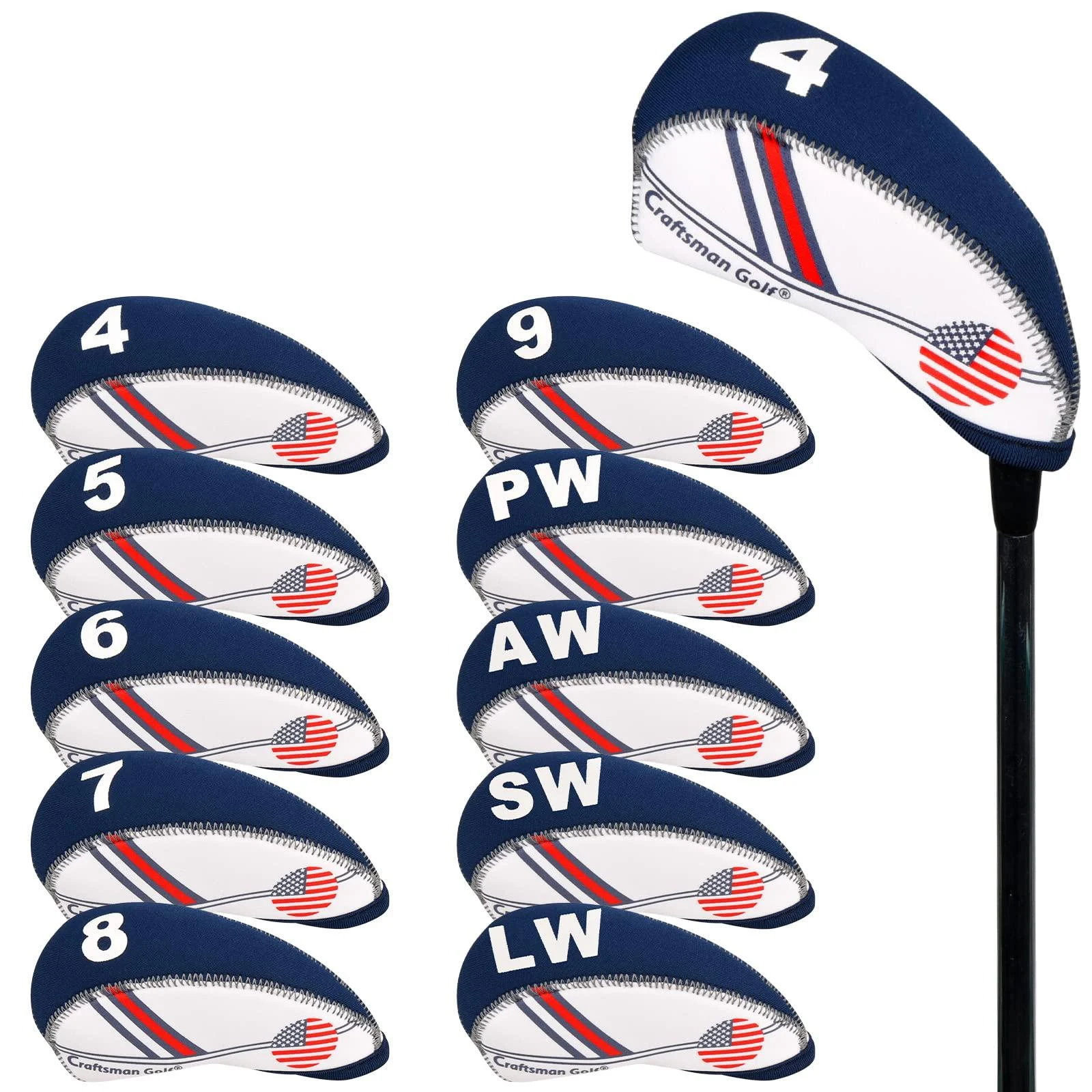 Craftsman Golf US Flag Neoprene Golf Club Head Cover Wedge Iron Protective Headcover for Callaway, Ping, Taylormade, Cobra, Etc. White & Blue
