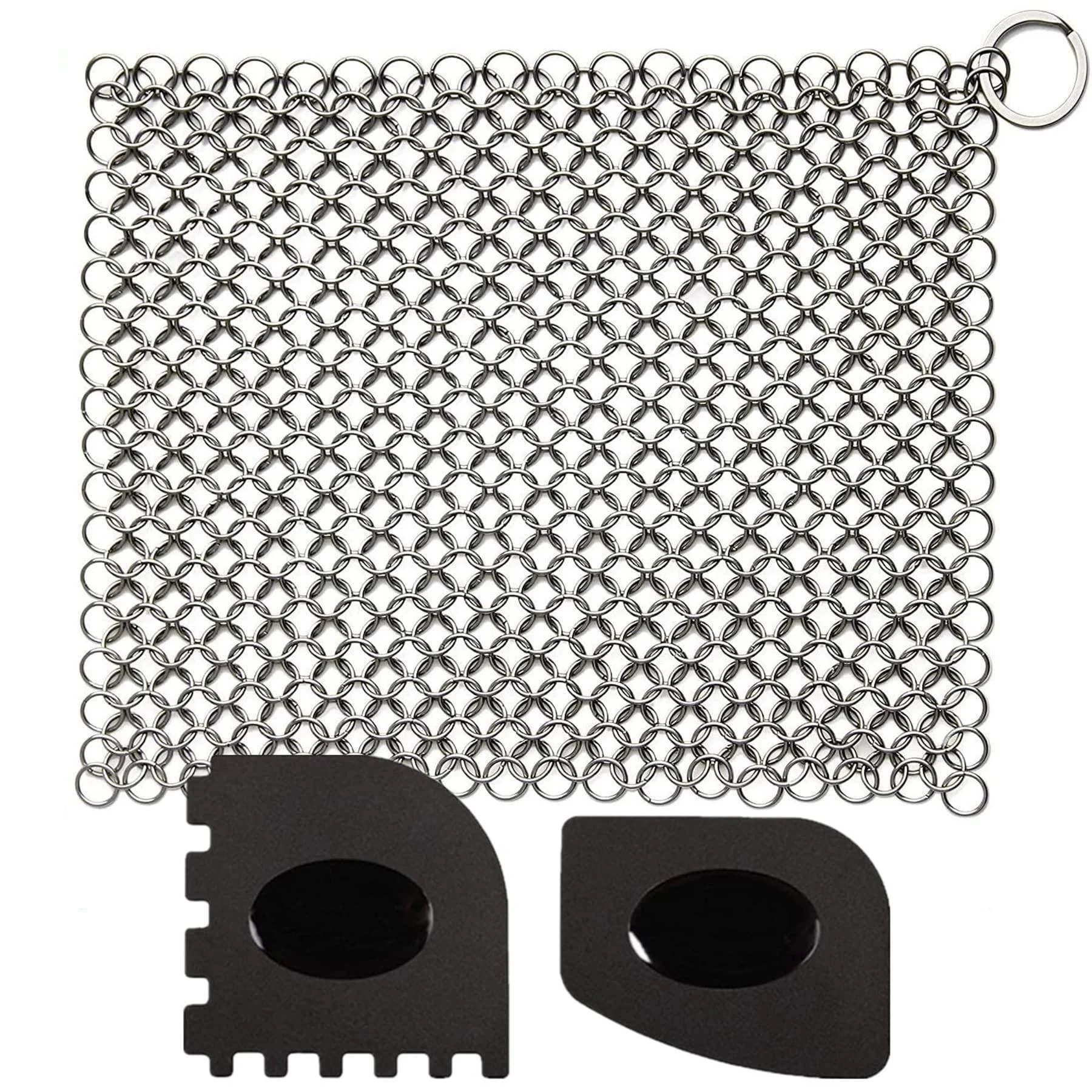 CHANSHIN Cast Iron Cleaner with Pan Scrapers Stainless Steel Scourer 7x7 Inch Chainmail Scrubber for All Types of Skillet Griddles Durable Plastic Pan Grill Scrapers