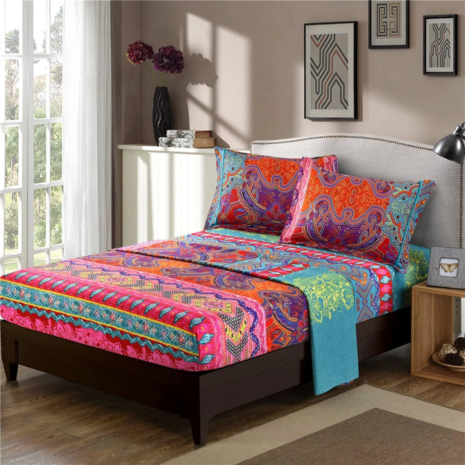 Boho Sheets Set Full Size(4PCS) Bohemian Colorful Tribal Bedding Sheets Set 14'' Deep Pocket Boho Aztec Fitted Sheet Soft Microfiber, 1 Flat Sheet 2 Pillowcases Full Boho Floral - DJY