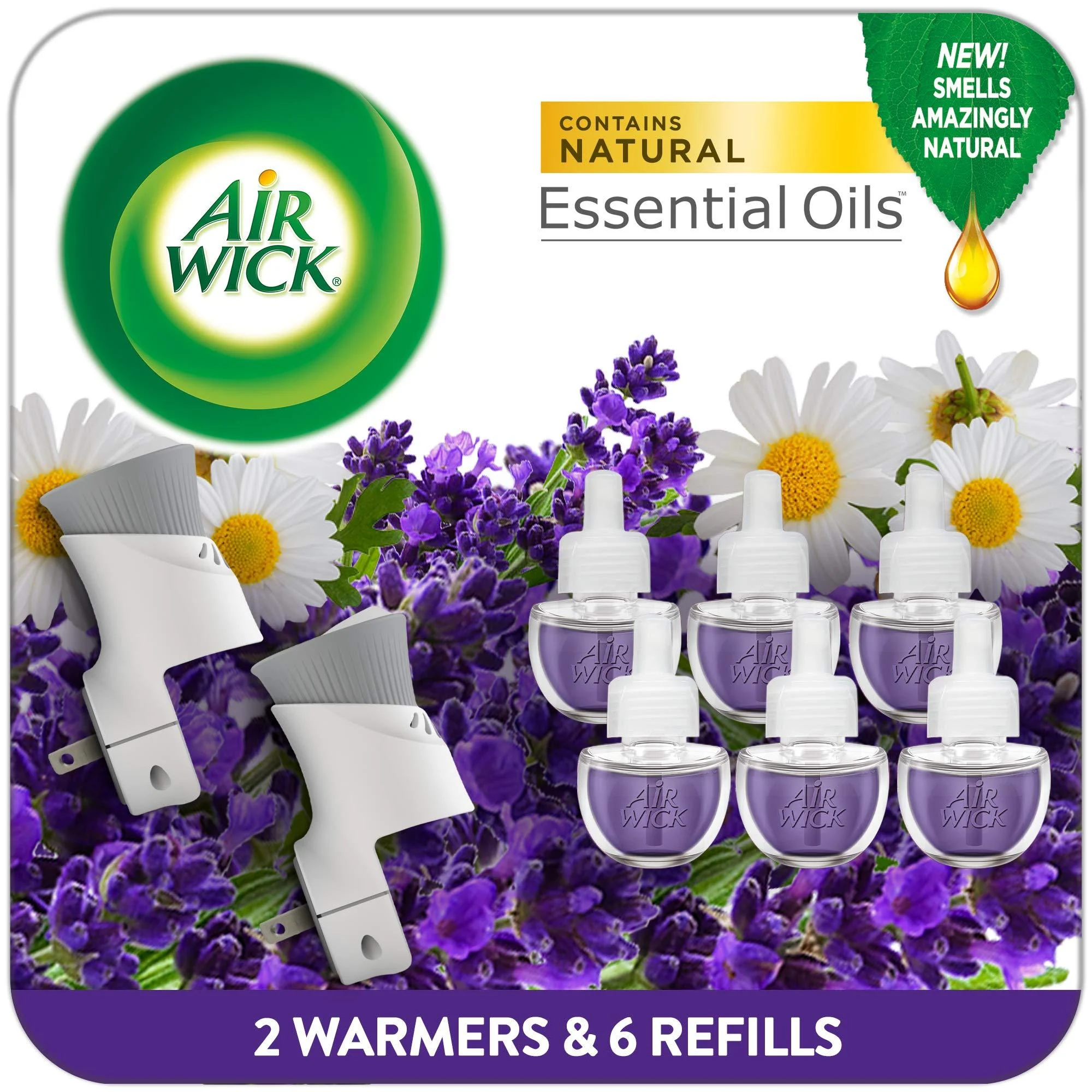Air Wick plug in Scented Oil Starter Kit 2 Warmers + 6 Refills Lavender & Chamomile Eco friendly Essential Oils Air Freshener Lavender 1 Count (Pack of 1)