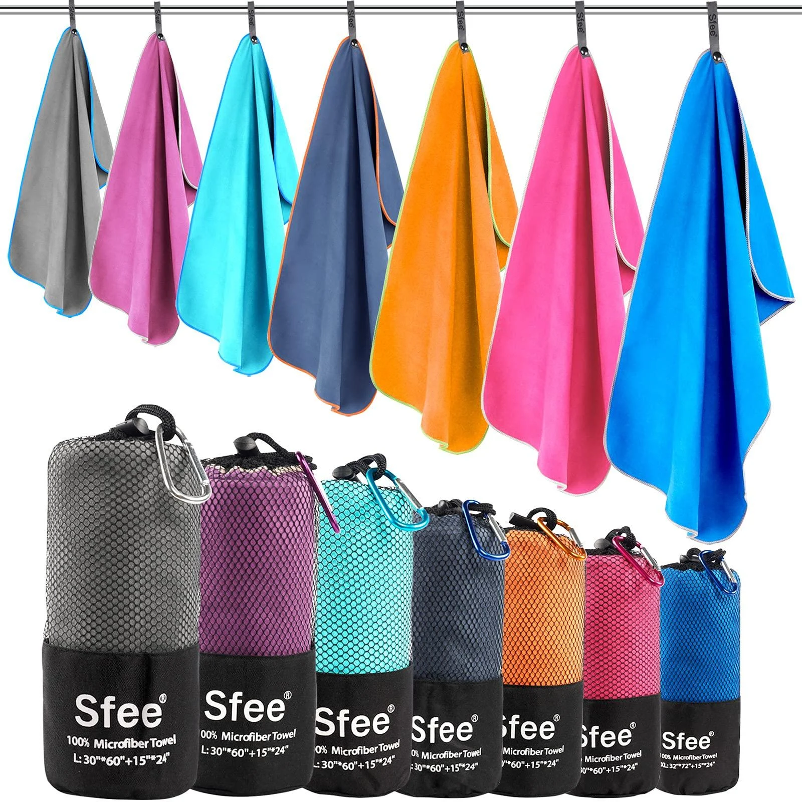 Sfee 2 Pack Microfiber Travel Towel, Quick Dry Towel Camping Towel Large Beach Towel Super Absorbent Compact Lightweight Sports Towel Gym Towel Set for Beach, Gym, Hiking, Pool, Backpacking,Bath,Yoga Dark Blue XL 72"x32"+24"x15"