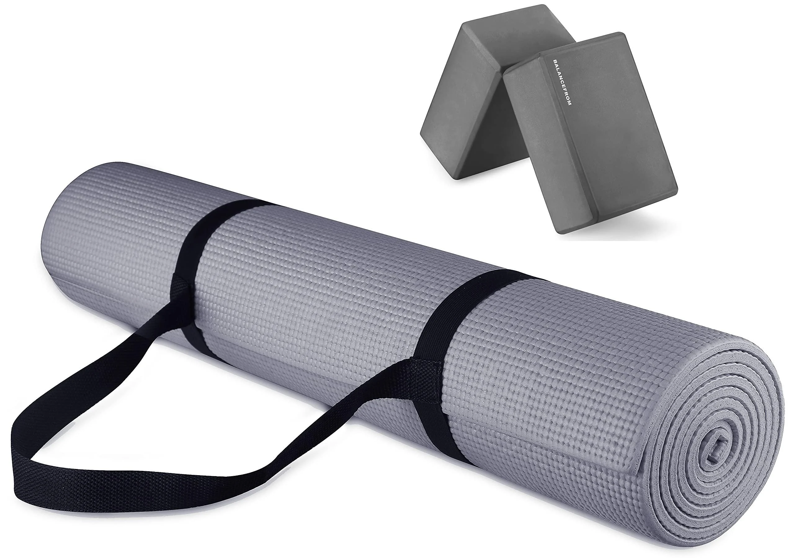 BalanceFrom All Purpose 1/4-Inch High Density Anti-Tear Exercise Yoga Mat with Carrying Strap Gray Mat And Yoga Blocks