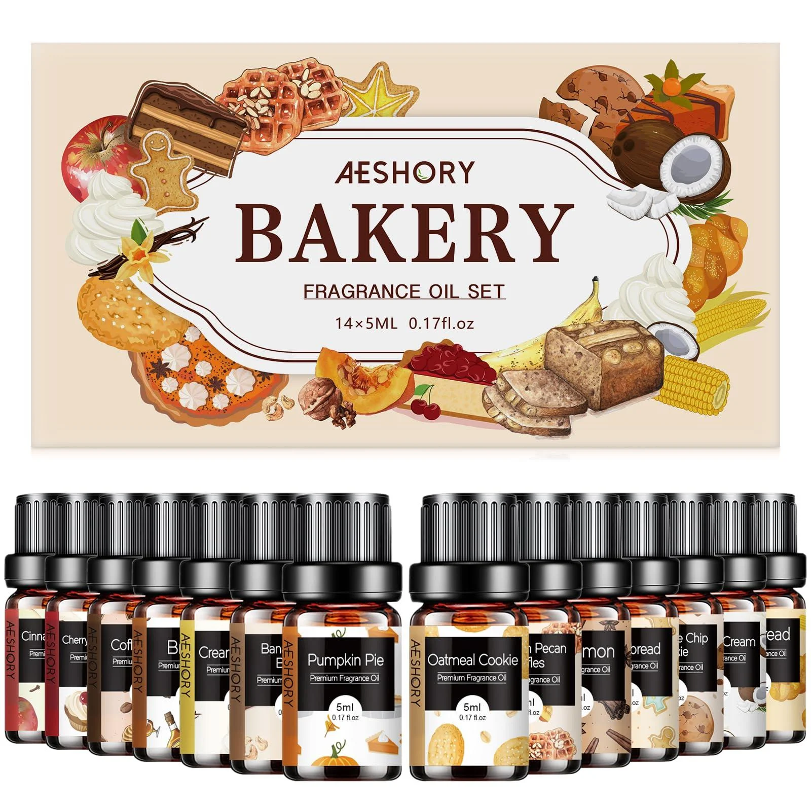 Bakery Essential Oils Set - Fragrance Oil for Diffusers Candle Making - Pumpkin Pie Coffee Cake Oatmeal Cookie Gingerbread Cinnamon Apple Aromatherapy Scented Oils (5ml) Bakery 0.17 Fl Oz (Pack of 14)