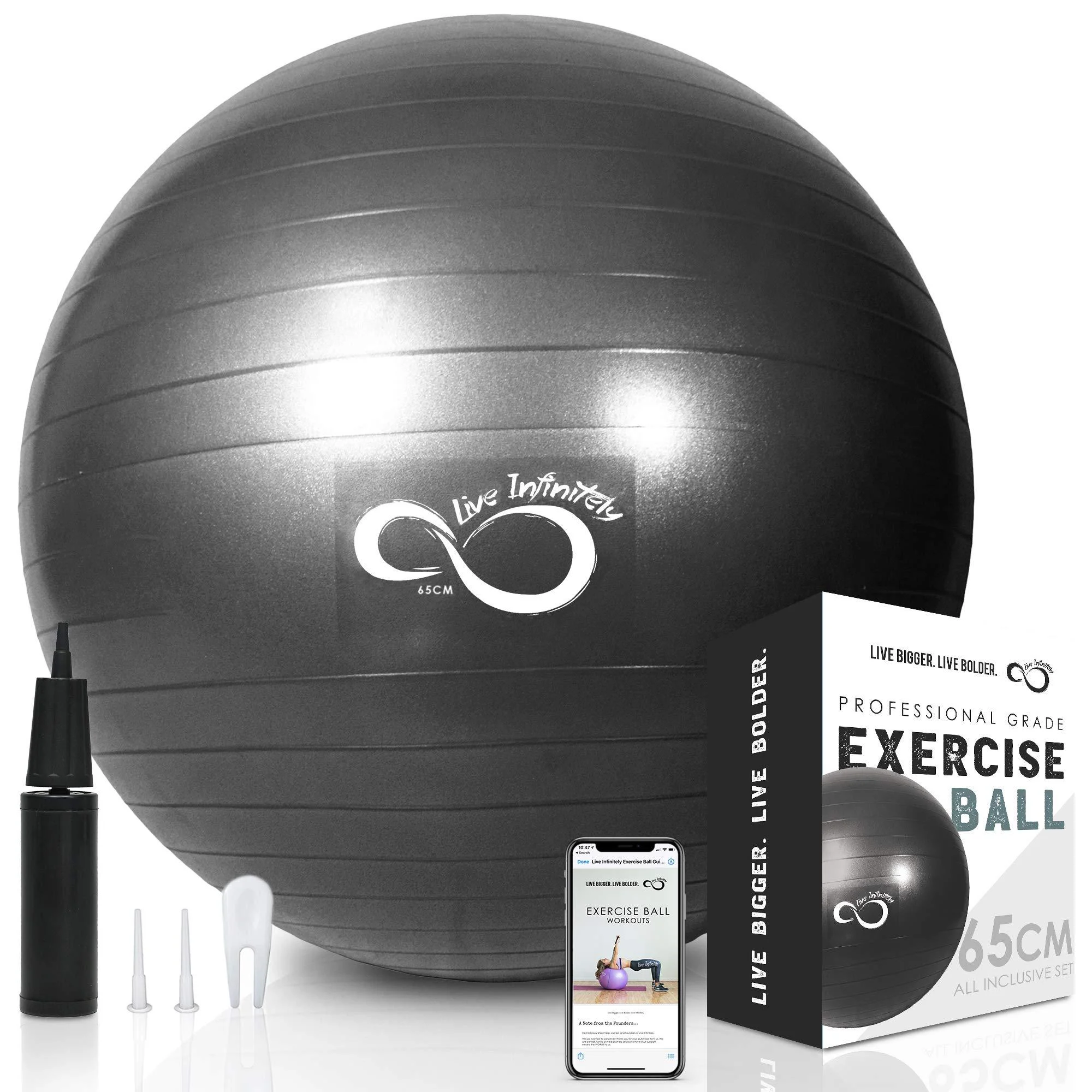 Live Infinitely Exercise Ball (55cm-95cm) Extra Thick Professional Grade Balance & Stability Ball- Anti Burst Tested Supports 2200lbs- Includes Hand Pump & Workout Guide Access Black 95 cm