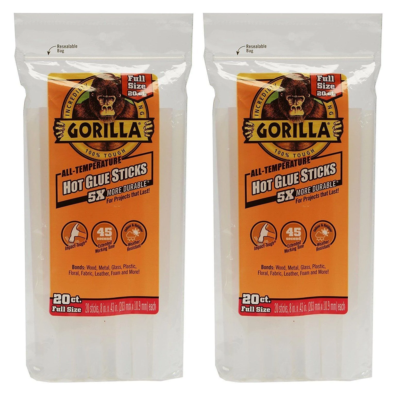 Gorilla 3032016 Hot Glue Sticks 8" Full Size (20 Count), Clear (2 PACK)