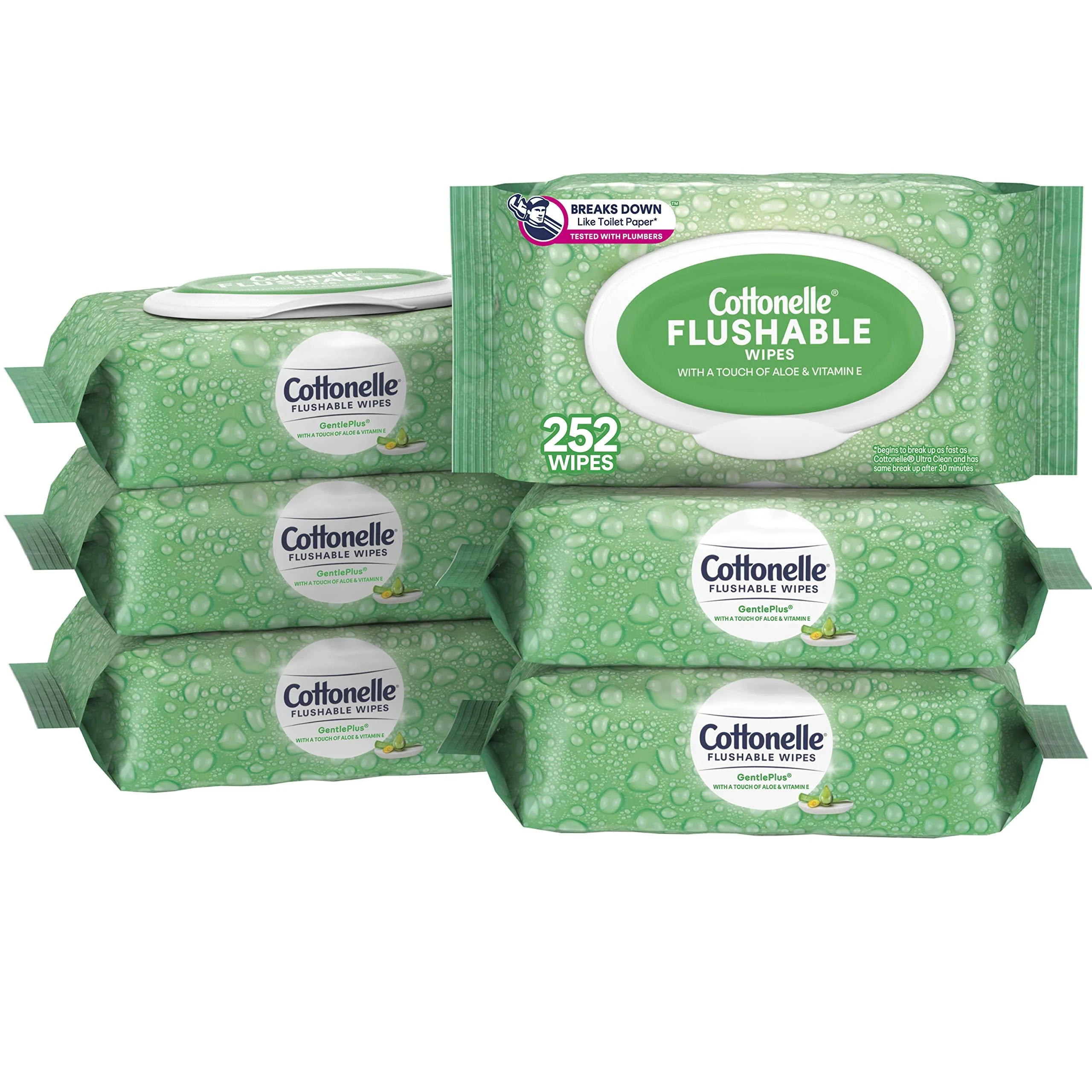 Cottonelle GentlePlus Flushable Wet Wipes with Aloe & Vitamin E, Adult Wet Wipes, 6 Flip-Top Packs (42 Wipes per Pack), 252 Total Wipes 42 Count (Pack of 6)
