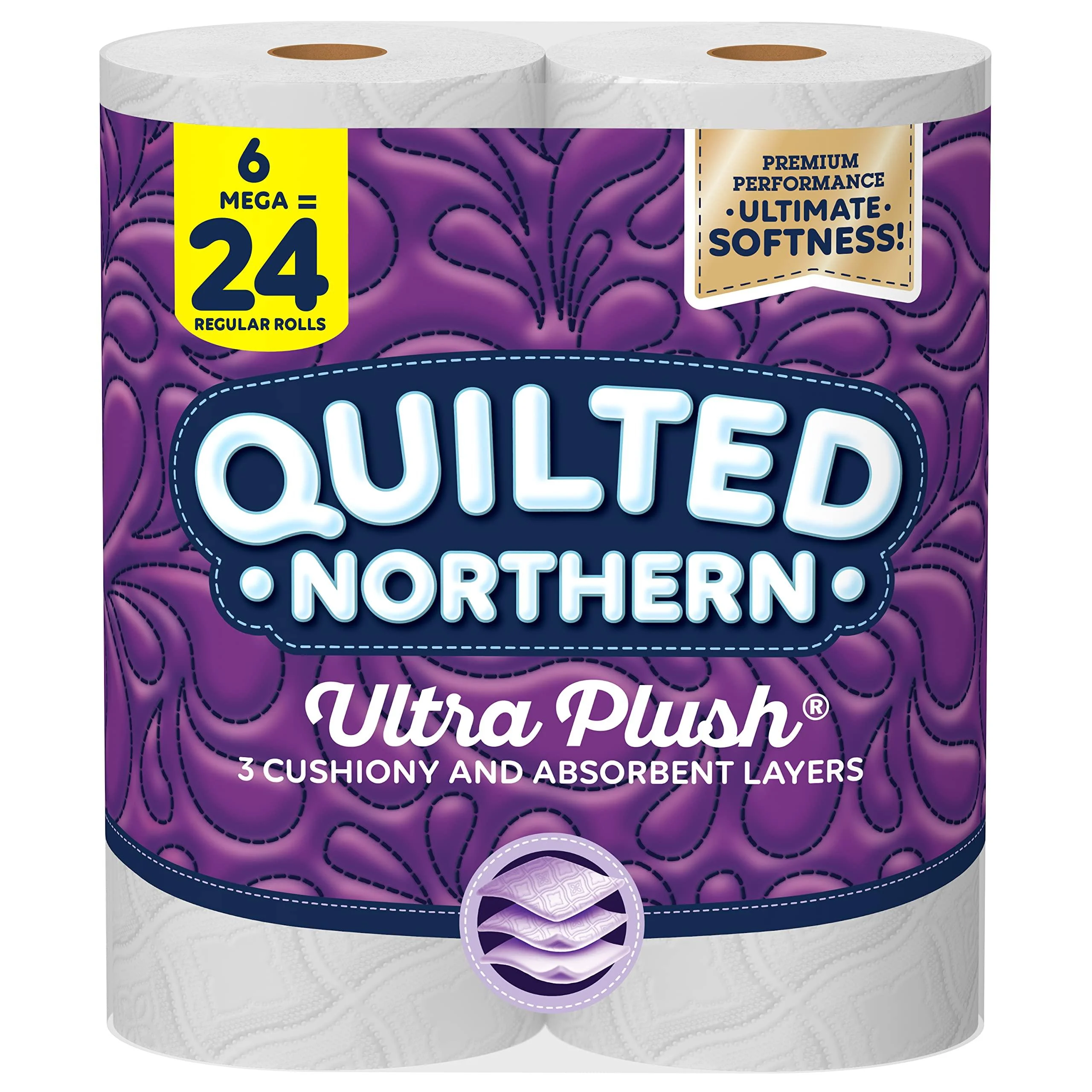 Quilted Northern Ultra Plush Toilet Paper, 6 Mega Rolls 24 Regular Rolls, 3-ply Bath Tissue