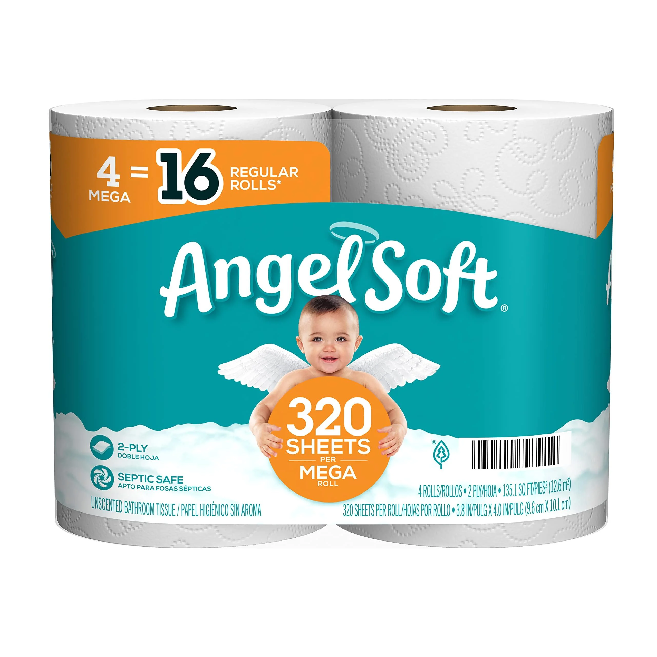 Angel Soft Toilet Paper, 4 Mega Rolls 16 Regular Rolls, 2-Ply Bath Tissue