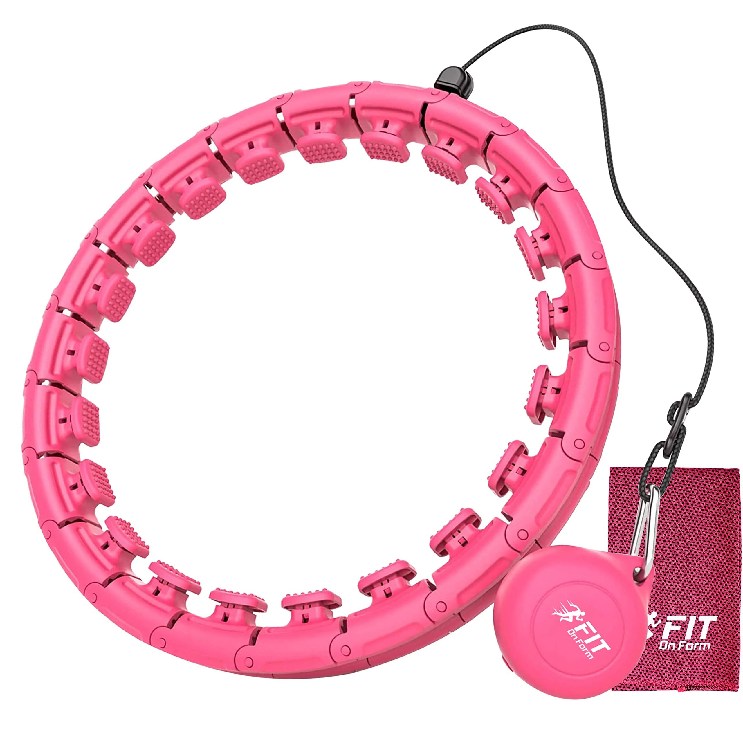 Weighted Hoola Hoop for Adults Weight Loss - Smart Exercise 2 in 1 Abdomen Massage Fitness Hoop - Adjustable 24 Detachable Knots - Abs Workout Hoola Hoops with Cooling Towel Pink