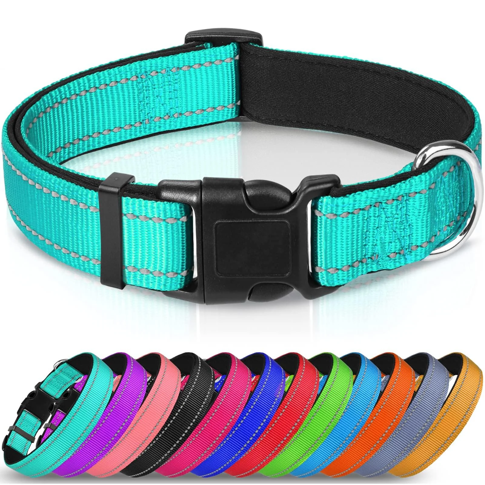 Joytale Reflective Dog Collar,12 Colors,Soft Neoprene Padded Breathable Nylon Pet Collar Adjustable for Small Medium Large Extra Large Dogs,5 Sizes Large (Pack of 1) Teal