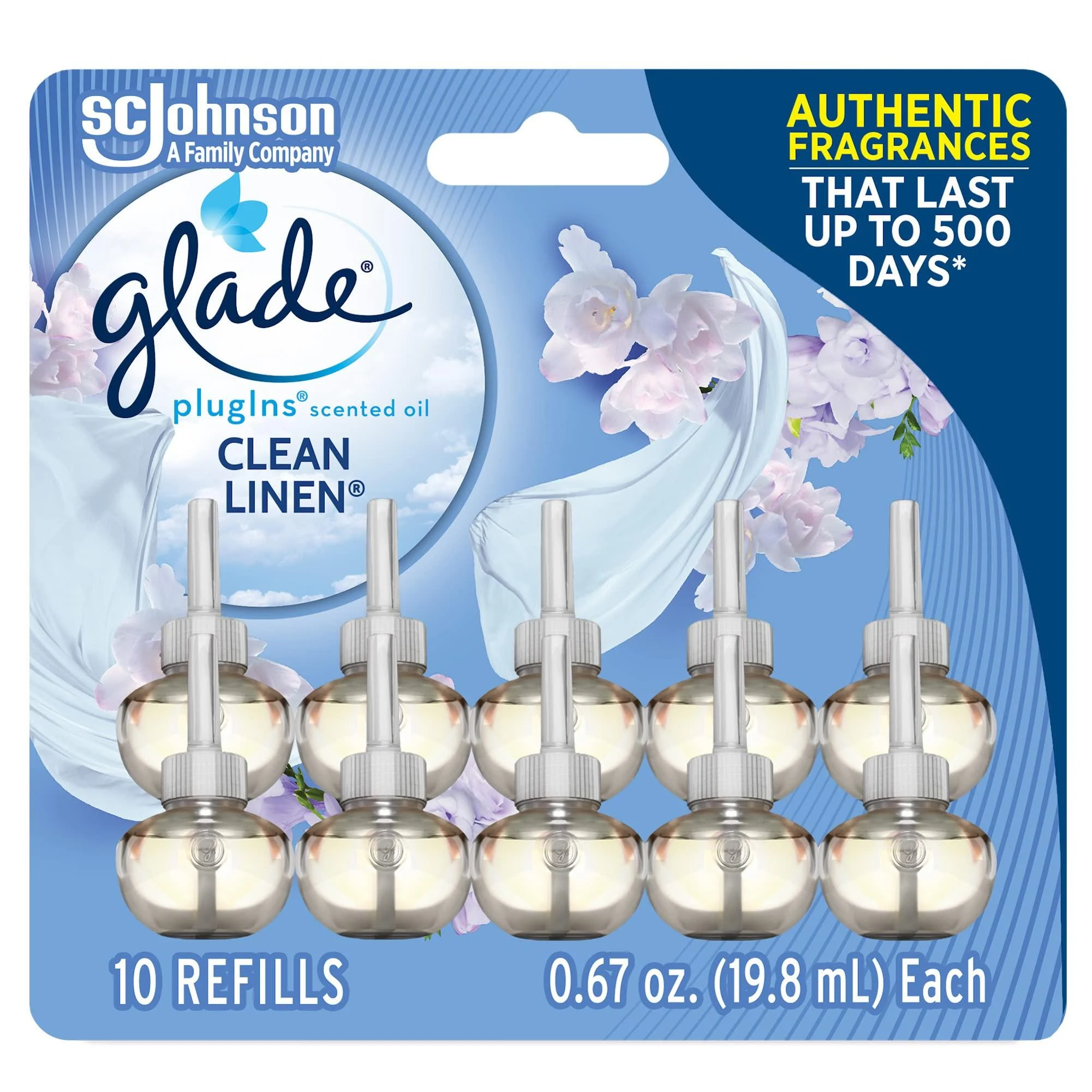 Glade PlugIns Refills Air Freshener Scented and Essential Oils for Home and Bathroom Clean Linen 6.7 Fl Oz 10 Count (Packaging May Vary)