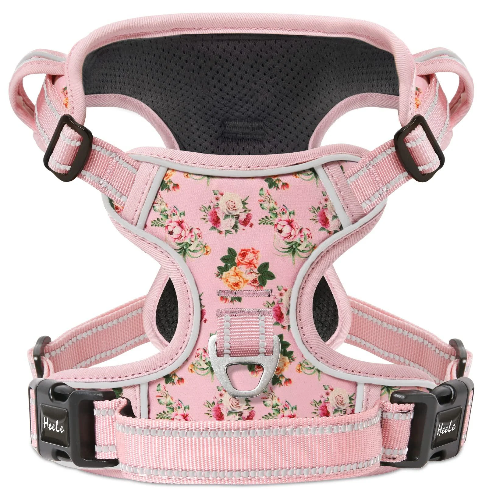 Heele dog crockery no-pull dog harness breast dishes for large dogs softly breathable intermittable reflective dog dishes Anti pull with padded handle pink XL XL flower pink