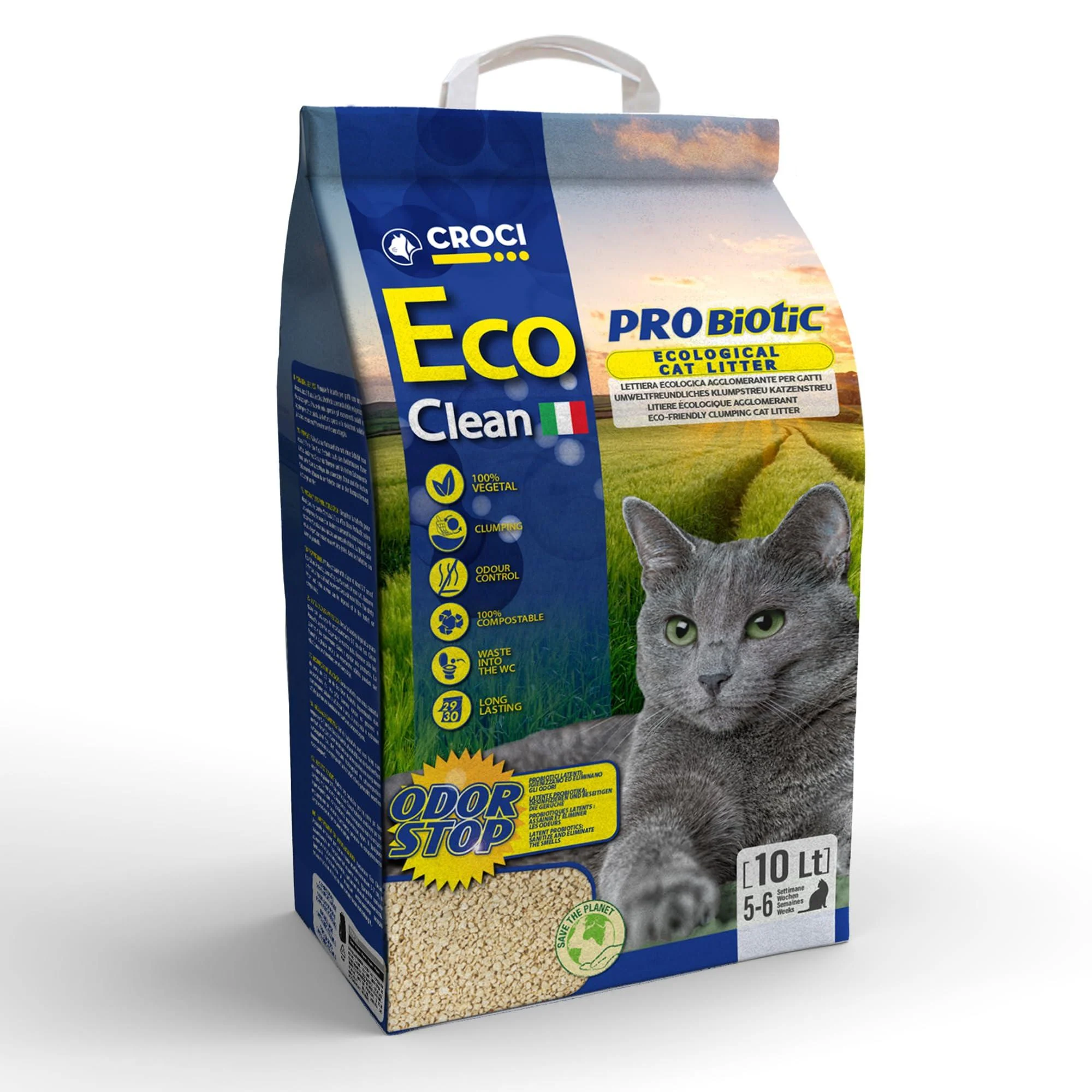 Croci eco clean probiotic litter 10 l-clumping cat litter biodegradable toilet flushing 100 percent vegetable anti-smell sand 3.8 kg 10 lt + probiotic