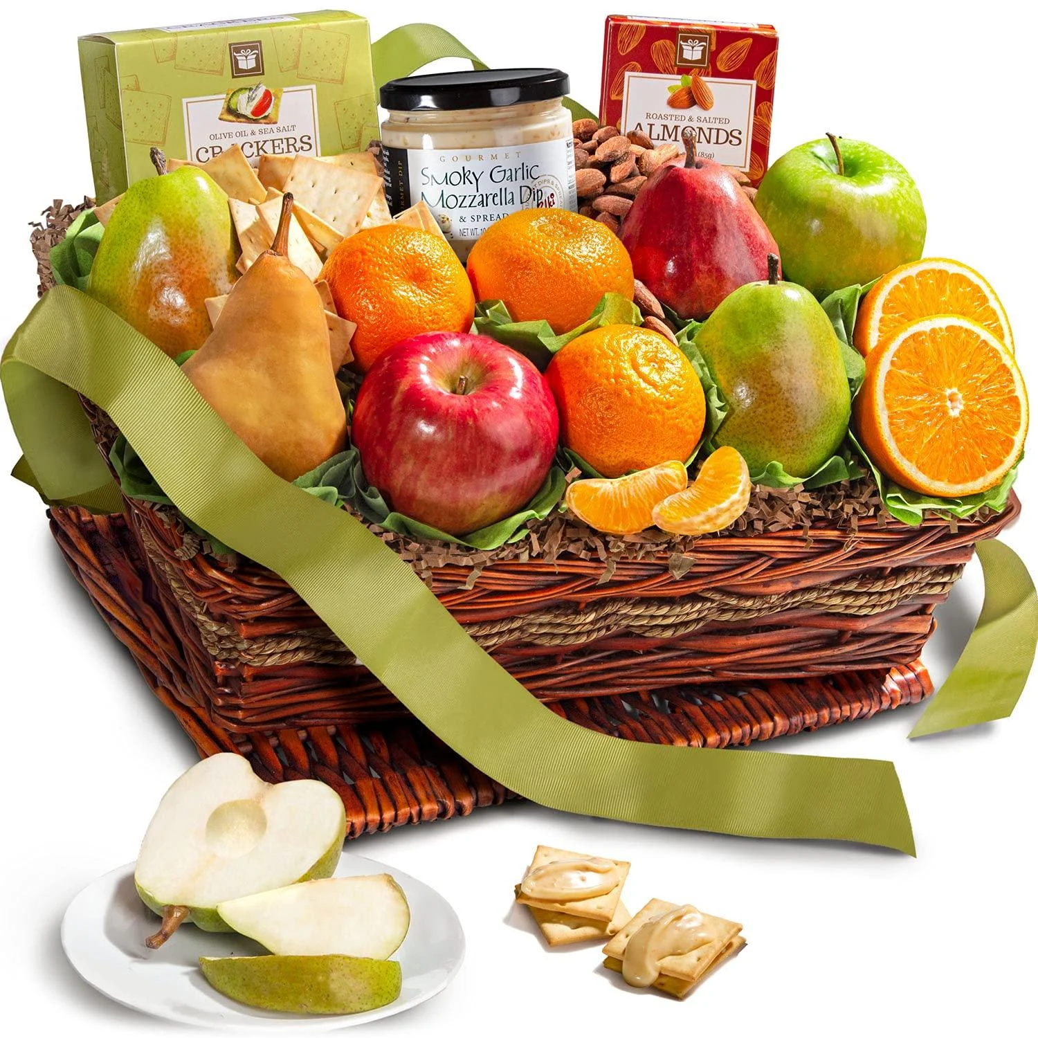 Classic Fresh Fruit Basket Gift with Crackers, Cheese and Nuts for Christmas, Holiday, Birthday, Corporate All Occasion - A Gift Inside