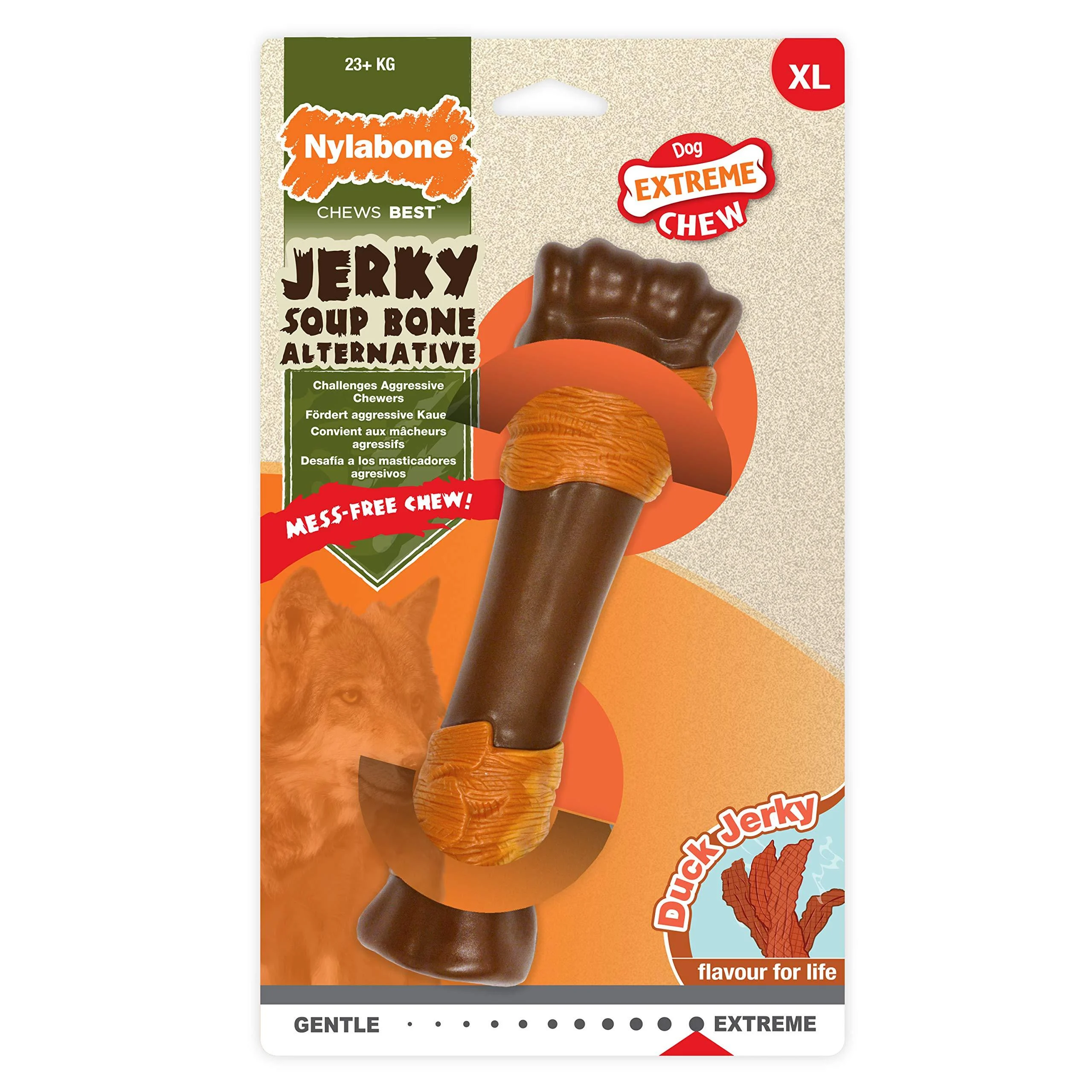 Nylabone Extreme Tough Dog Chew Toy Souper Bone Duck Jerky Flavour Mess-Free For Dogs Over 23 Kg - X-Large Duck Jerky Bone Extra Large