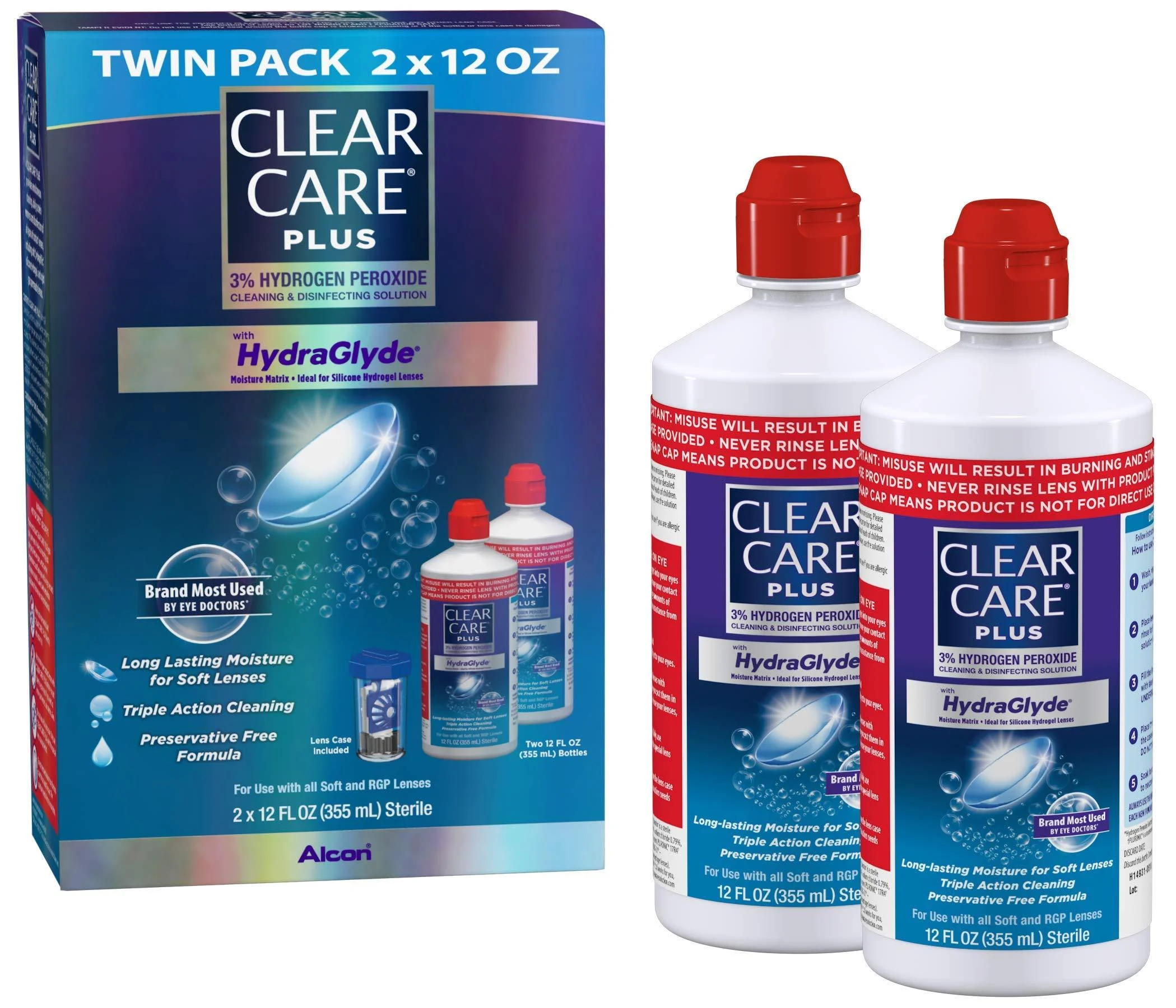 Clear Care Plus Cleaning Solution with Lens Case, Twin Pack, Multi, 12 Oz, Pack of 2 12 Ounce (Pack of 2)