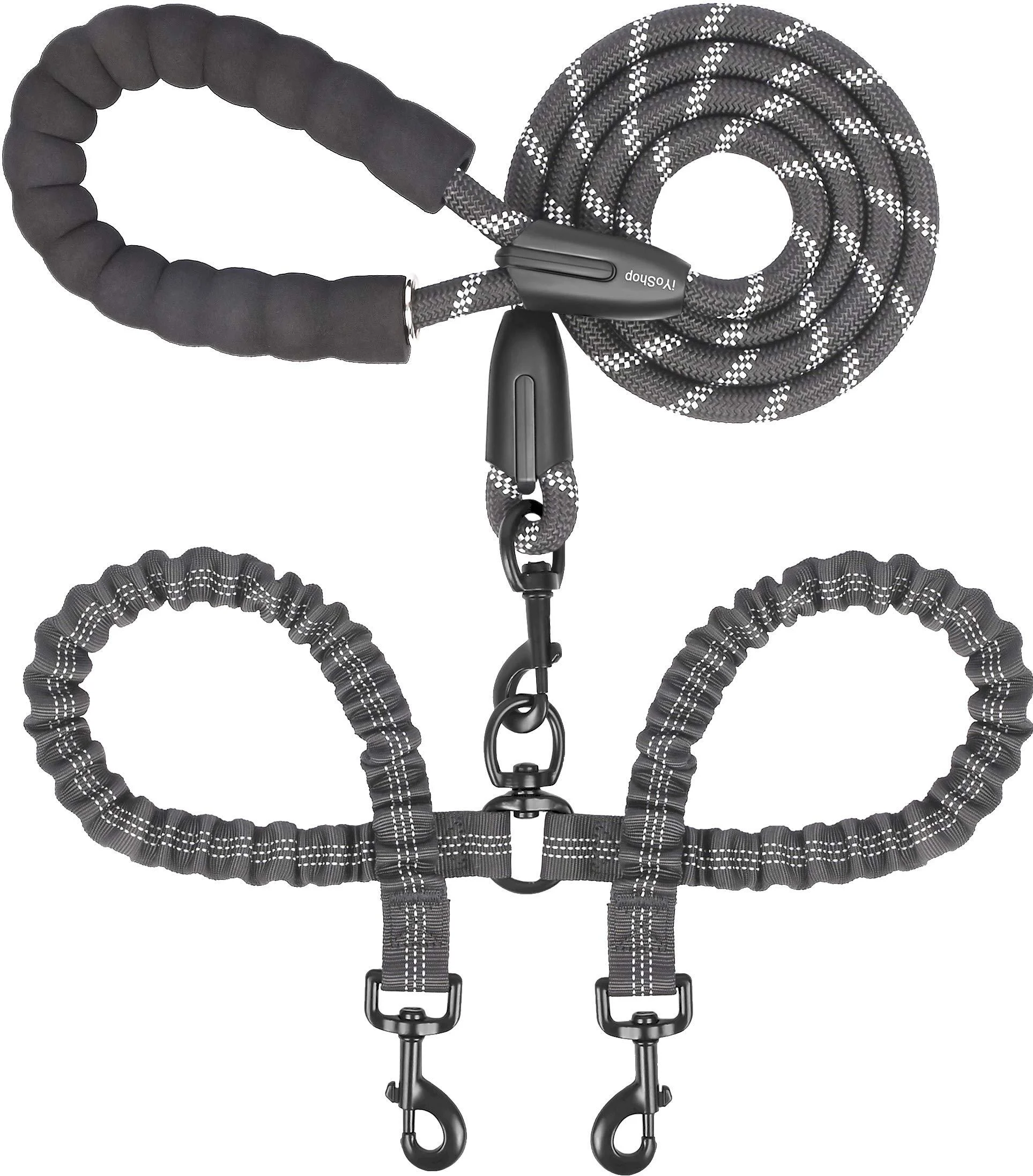 iYoShop Dual Dog Leash, Double Dog Leash, 360 Swivel No Tangle Walking Leash, Shock Absorbing Bungee for Two Dogs, Medium (8-35 lbs) | Large (25-150 lbs) Large Black