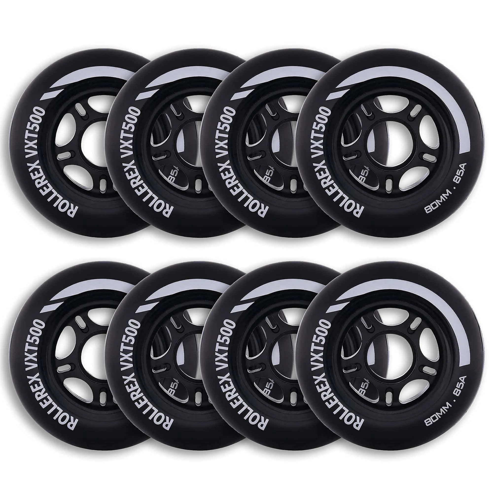 Rollerex VXT500 Inline Skate Wheels (8-Pack) (Various Size & Color Options Available) -Indoor Outdoor- Intended for Roller Blade Wheel Replacement Steel Black 80mm