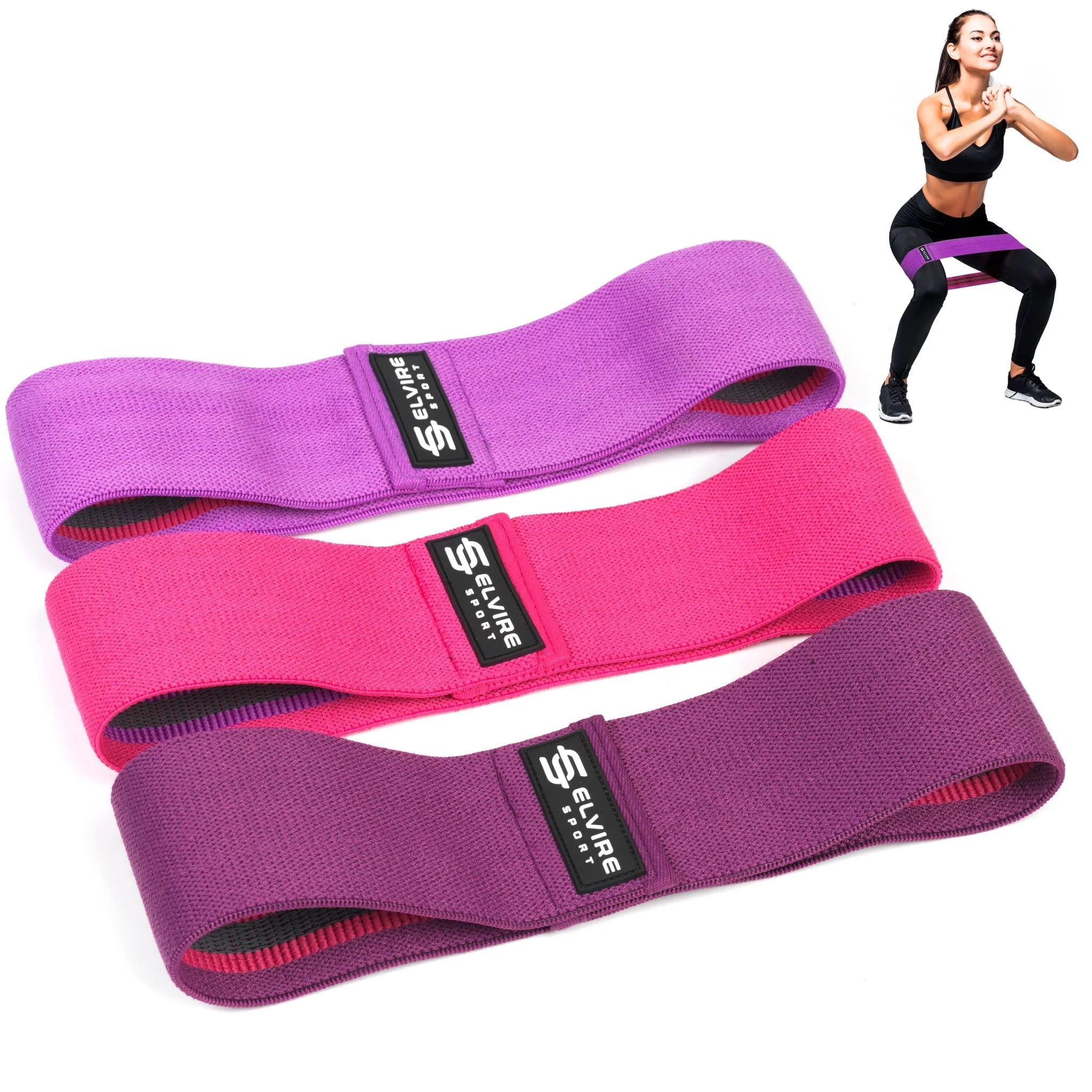 ELVIRE Fabric Resistance Bands for Working Out | Exercise Bands Resistance Bands Set of 3 | Booty Bands for Women Workout Bands Resistance Loops | Leg Bands for Working Out Glute Bands Squat Bands Short Coral & Purple - ELVIRE SPORT