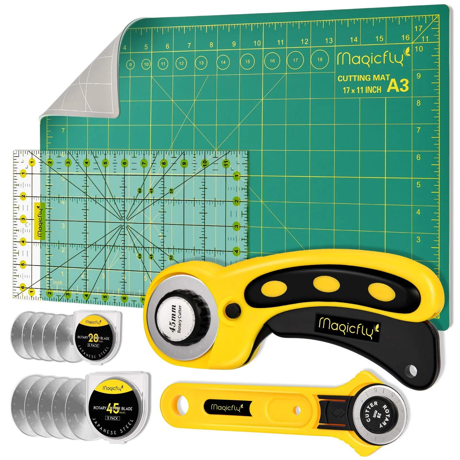 Magicfly Rotary Cutter Set Quilting Kit Including Fabric Cutter Wheel and Mat A3 Patchwork Ruler Carving Knife Replacement Cutter Blades for Fabric Sewing Quilting