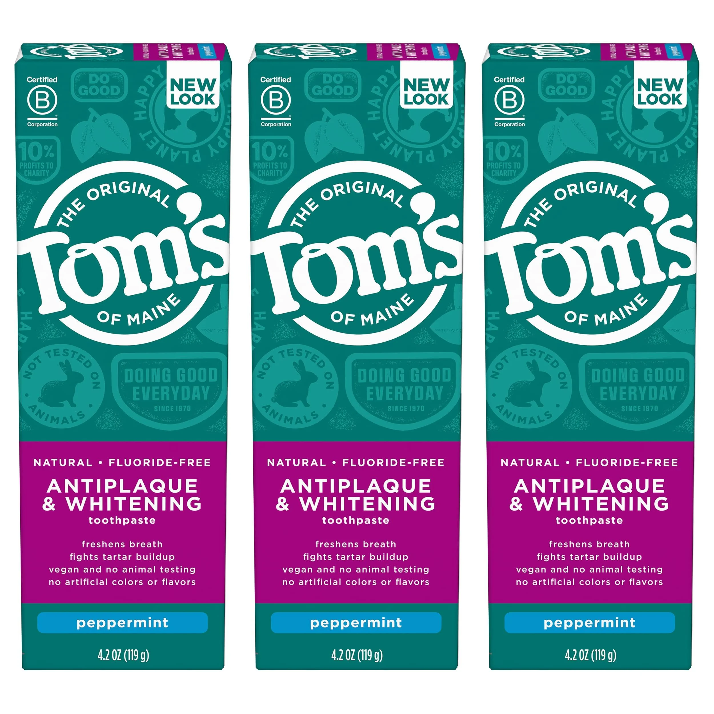 Tom's of Maine Fluoride-Free Antiplaque & Whitening Natural Toothpaste, Peppermint, 4.2 oz. 3-Pack (Packaging May Vary) Peppermint 4.2 Ounce (Pack of 3)