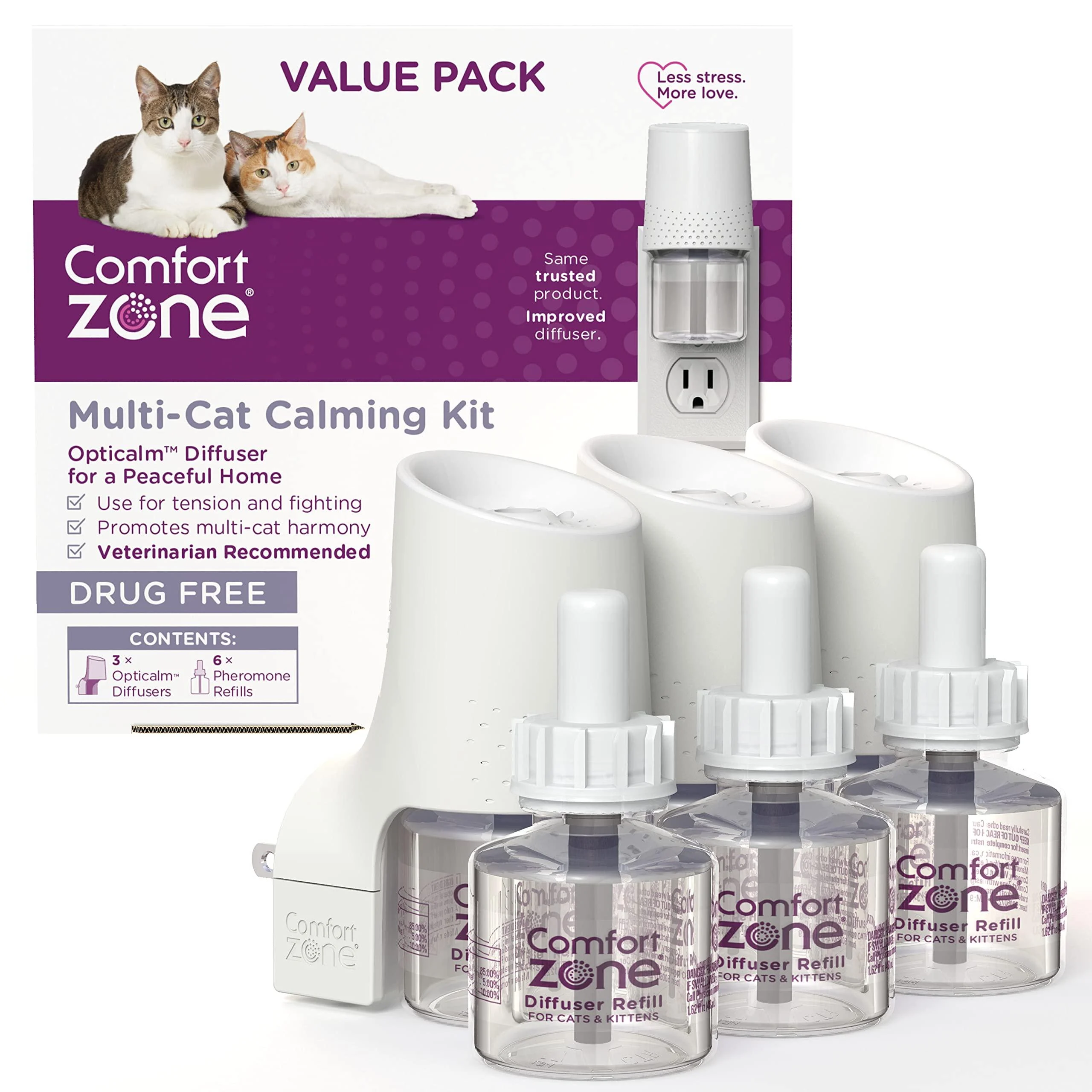 3 Diffusers Plus 6 Refills | Comfort Zone Multi-Cat Calming Diffuser Kit (Value Pack) for a Peaceful Home | Veterinarian Recommend | Stop Cat Fighting and Reduce Spraying & Other Problematic Behaviors