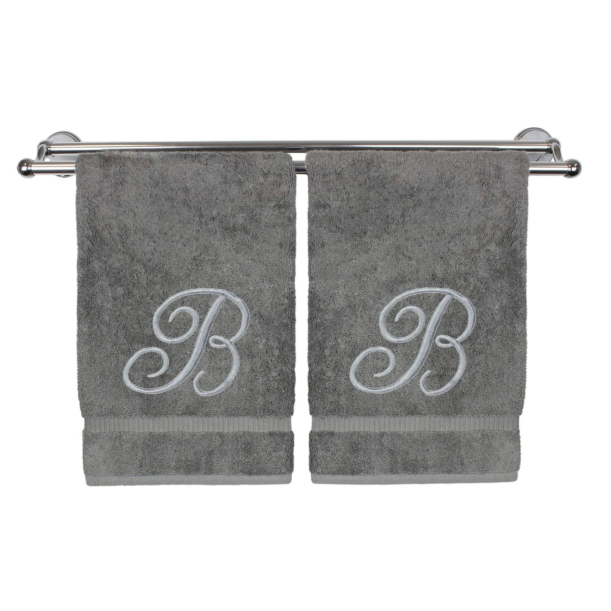 Monogrammed Hand Towel, Personalized Gift, 16 x 30 Inches - Set of 2 - Silver Embroidered Towel - Extra Absorbent 100% Turkish Cotton- Soft Terry Finish - for Bathroom, Kitchen and Spa- Script B Gray Initial B Gray