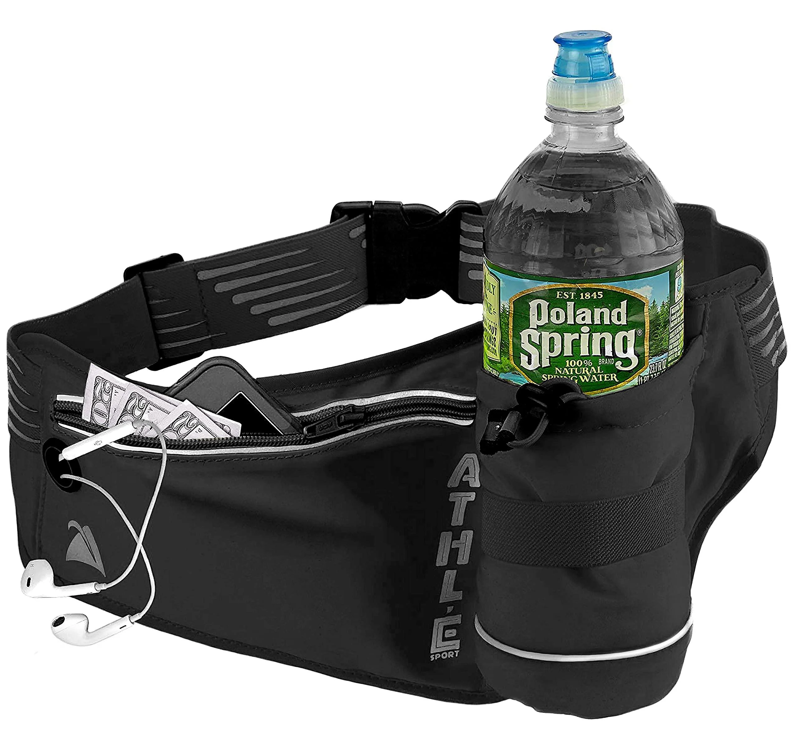 Athle Sport Running Belt with Vertical Bottle Pocket Black