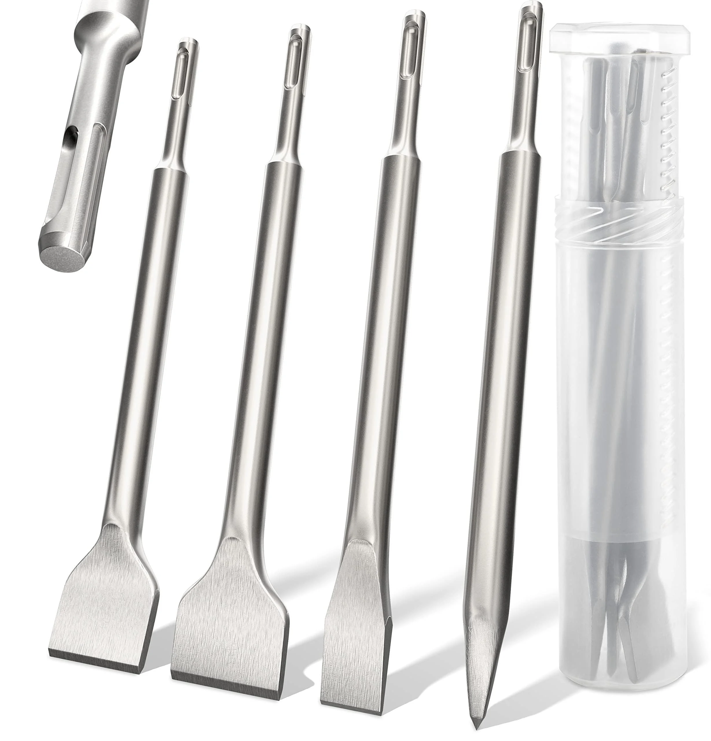 KSP-Tec - SDS-Plus Chisel Set for SDS+ Rotary Hammers with Tile Chisel with Storage Case for Masonry Concrete Brick Stone 4pcs SDS Plus Chisel Set