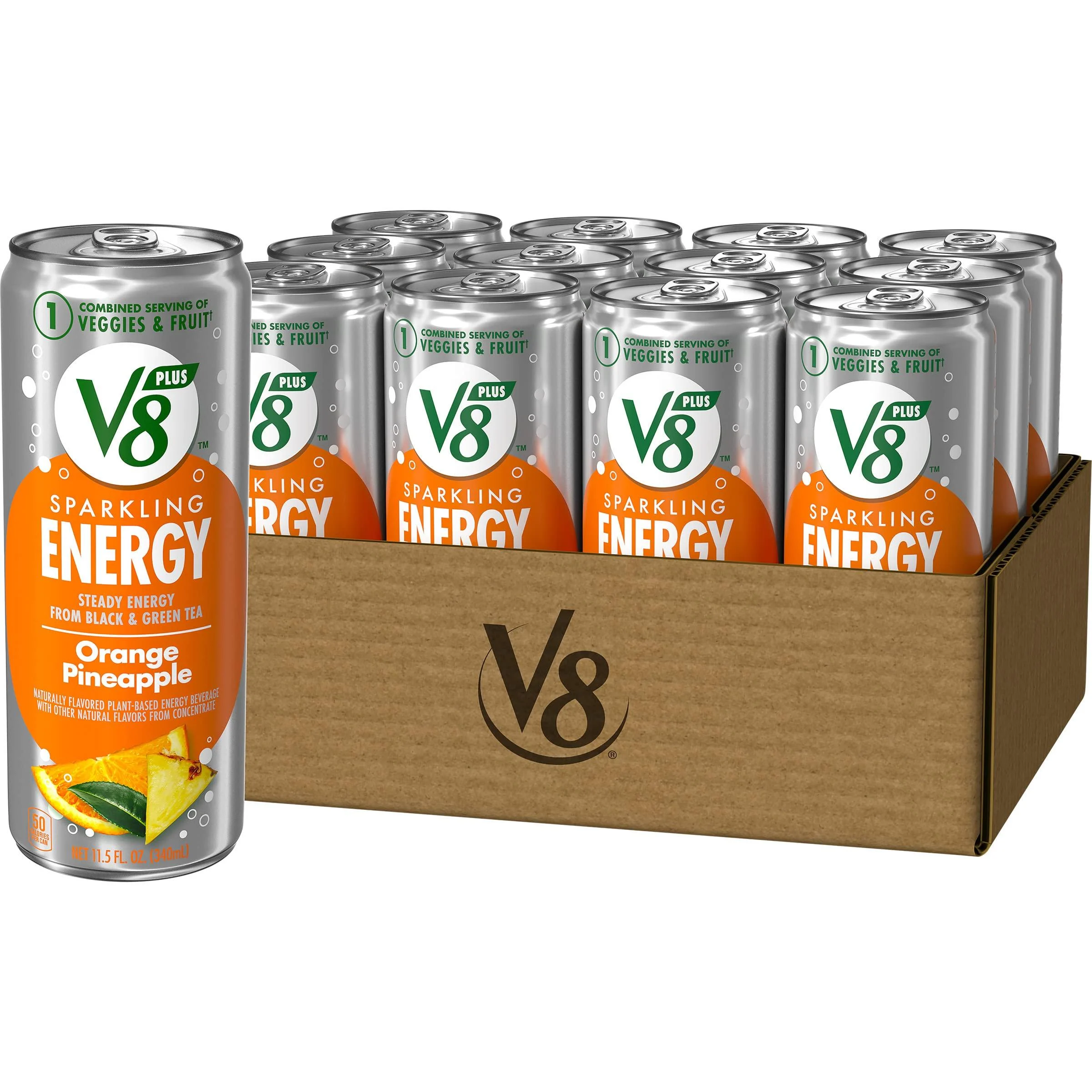 V8 +SPARKLING ENERGY Orange Pineapple Energy Drink, Made with Real Vegetable and Fruit Juices, 11.5 FL OZ Can (Pack of 12)