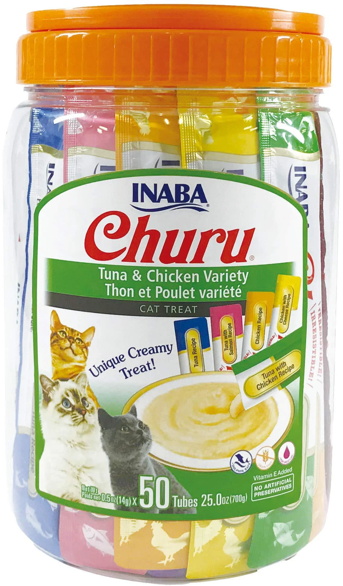 INABA Churu Cat Treats, Grain-Free, Lickable, Squeezable Creamy Pure Cat Treat with Taurine & Vitamin E, 0.5 Ounces Each Tube, 50 Tubes Total Tuna and Chicken Variety Pack