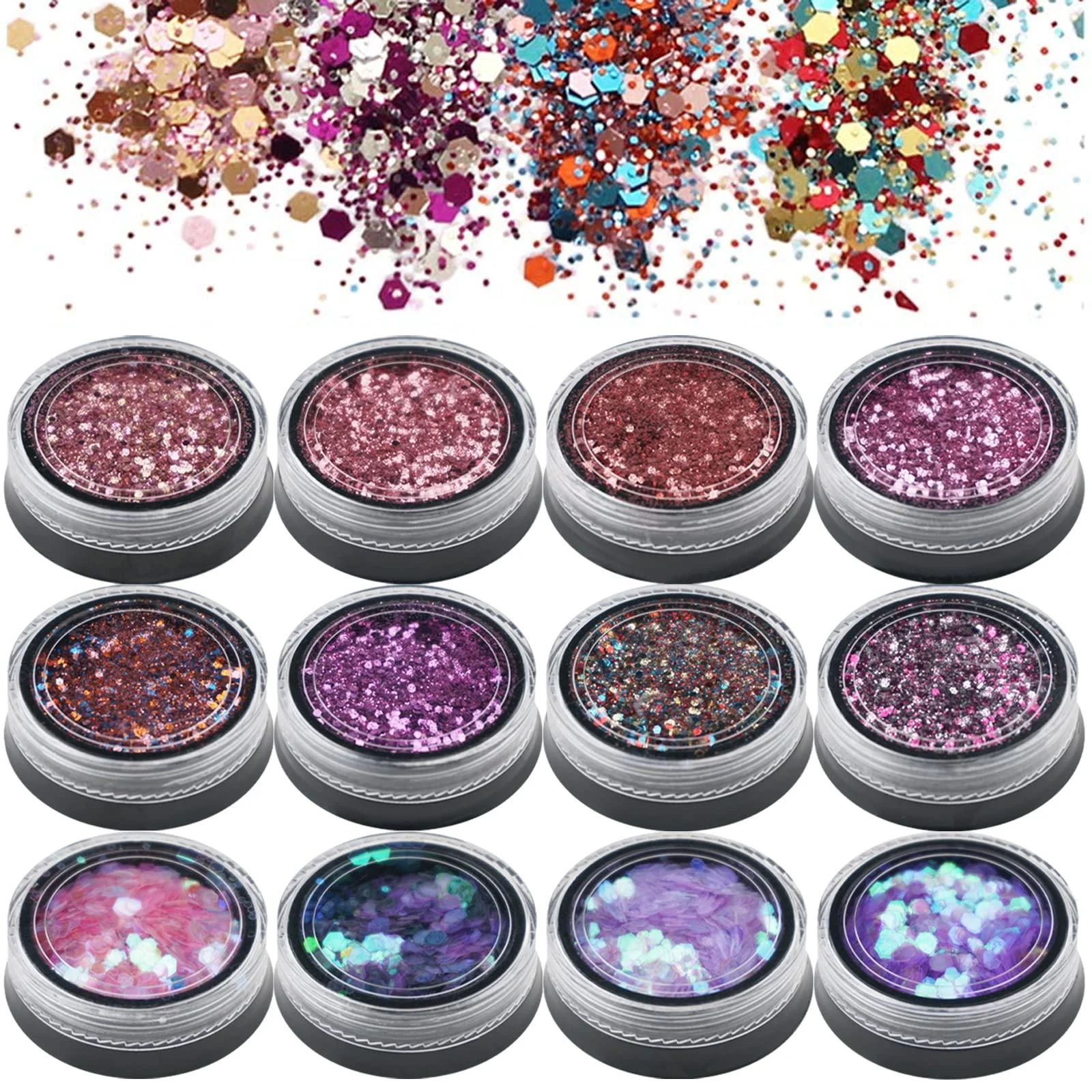 Labota Festival Glitzer Face for festive cladding 12 glitter set glitter sequin chunky glitter for face nails eyes lips hair body make-up glitter sequin 10 ml (12 pack)