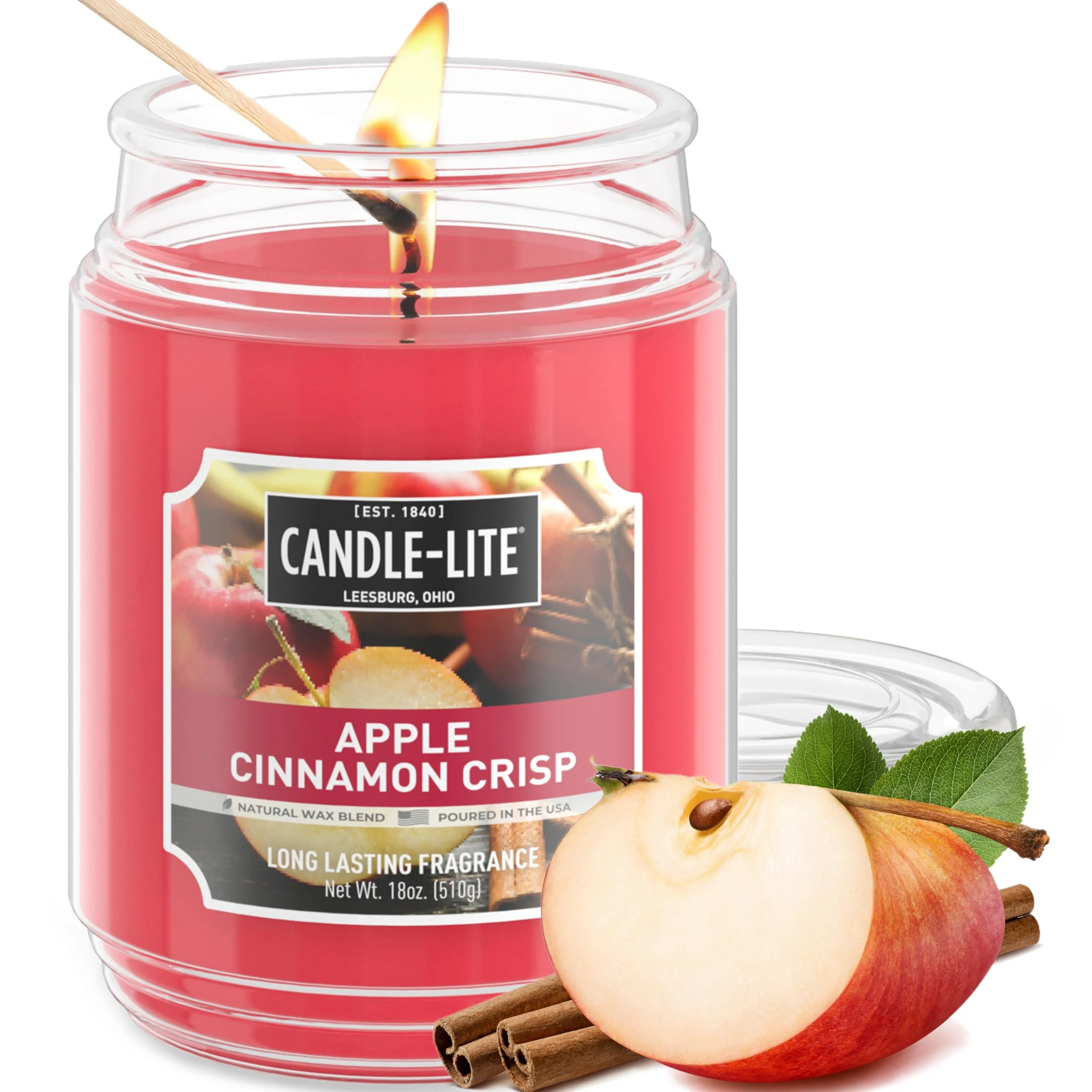 Candle-LITE Scented Candles Apple Cinnamon Crisp Fragrance One 18 oz. Single-Wick Aromatherapy Candle with 110 Hours of Burn Time Red Color (Individual Box) Apple Cinnamon Crisp (NEW) 18 oz
