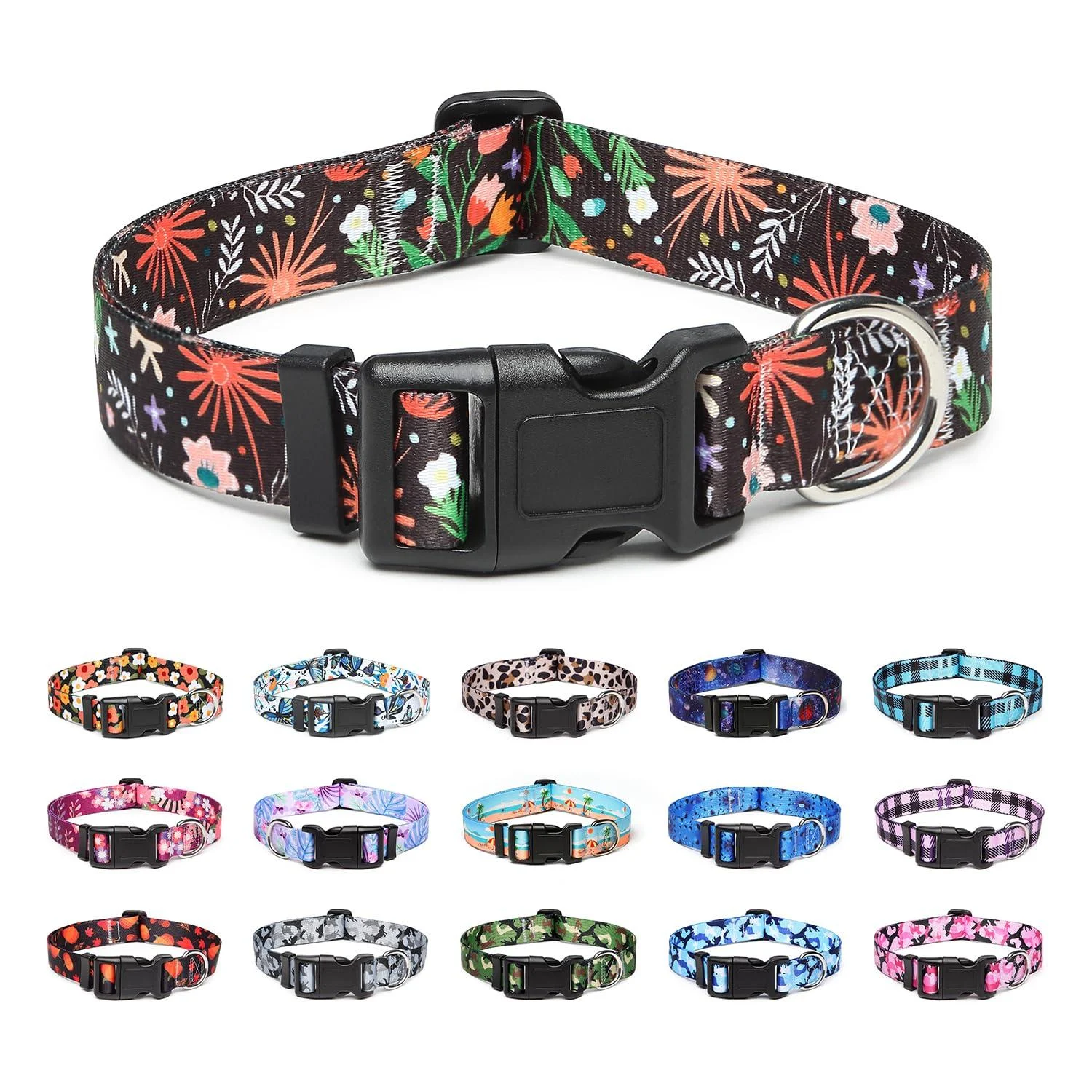 Suredoo dog collar adjustable soft & comfort nylon dog collar for small medium-sized dog puppies (M flowers and plants) m (neck circumference 33-55 cm width 2 cm) flowers and plants