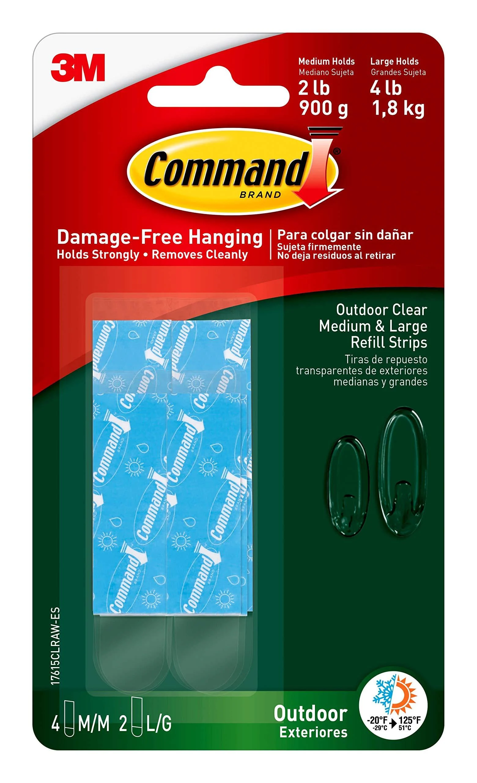 Command Outdoor Medium and Large Clear Strip Refills, 4 Medium Strips, 2 Large Strips/Pack Assorted 6 Refill Strips