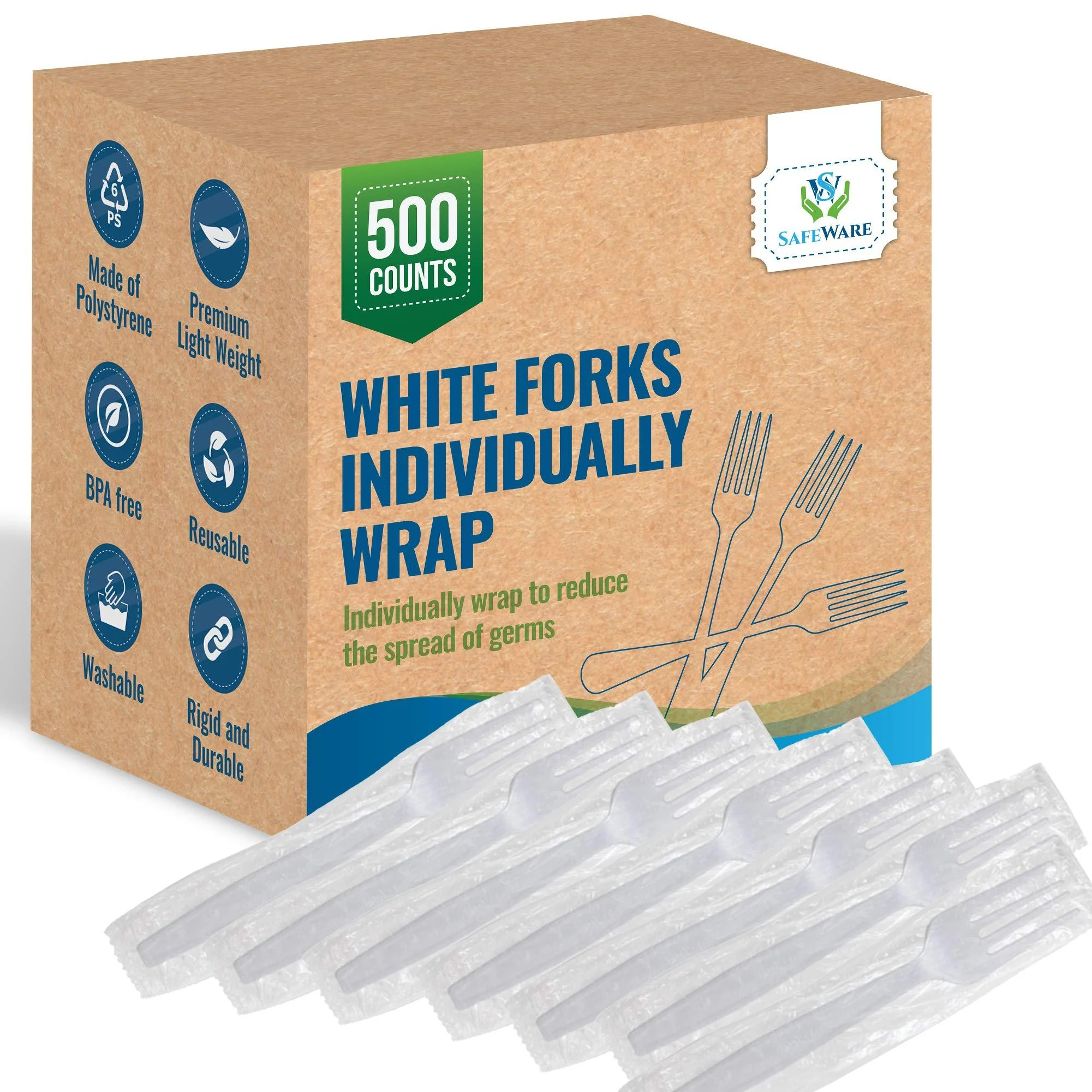 Safeware (500 Pcs) -Individually Wrapped White Medium Weight Plastic Fork - Ideal for Party, BBQ, Picnic, Home, Office, Restaurant Use.