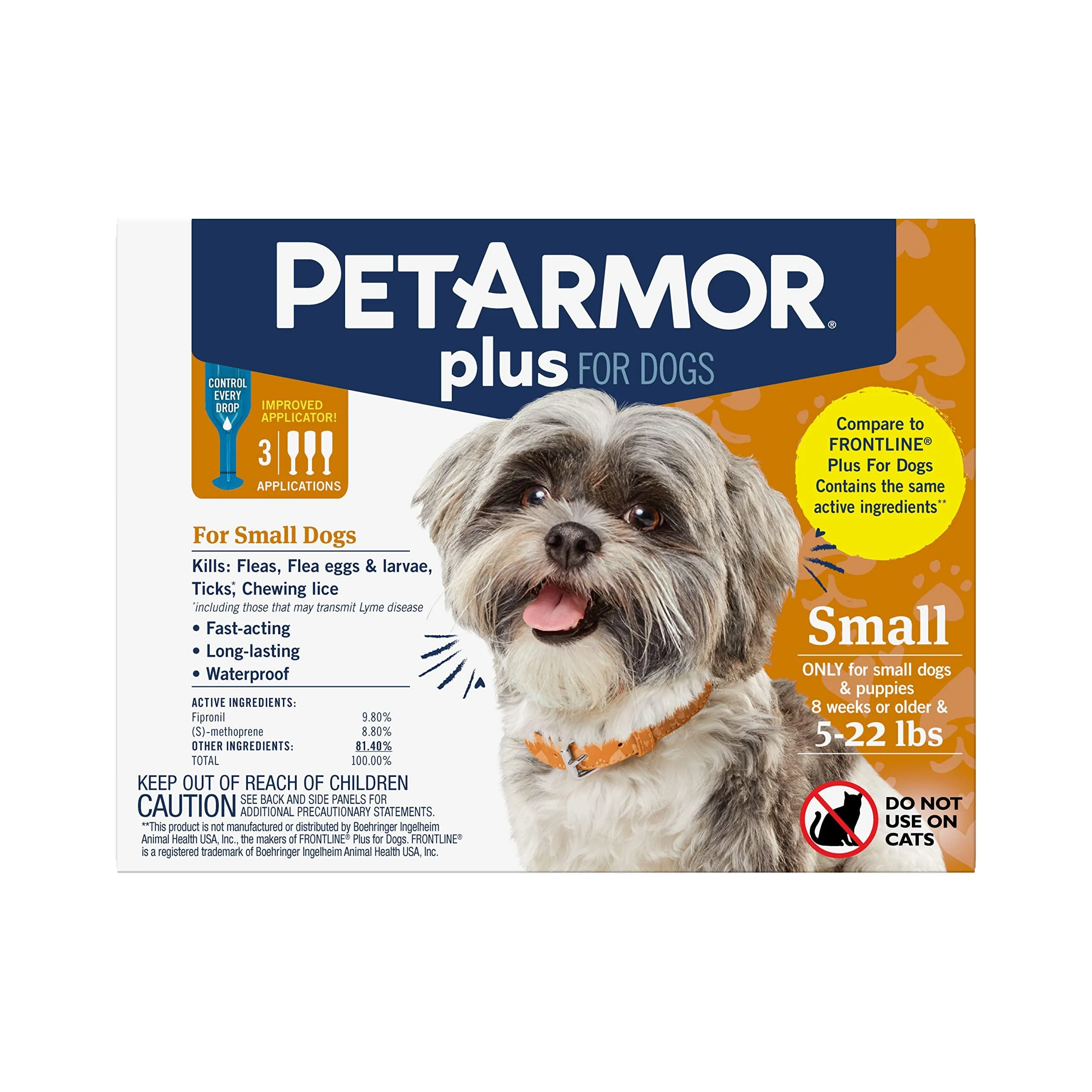 PetArmor Plus Flea & Tick Prevention for Dogs, Waterproof Topical, Kills Fleas, Flea Eggs, Flea Larvae, Ticks, and Chewing Lice, Fast Acting & Long Lasting, Compare to Leading Brand, Various Sizes 5-22 lbs 3 count